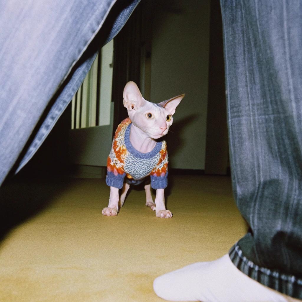 This is a photo of Smaug, who wears a hand-knitted sweater with multi-colored stripes in shades of orange, blue, purple, yellow, and white. He was awarded this prize by his human companion, a friend of mine who has been taking care of him since he was a kitten.

Smaug was rescued from a life on the streets, where he had to fend for himself with no food or shelter. His former owner had abandoned him when he got too old and sickly, which is why he ended up on his own. A group of kind-hearted people took in Smaug and nursed him back to health.

Once he was strong enough, they began looking for a permanent home for him where he could be loved and cared for properly. That's when my friend stepped in and offered to take him in. She fell in love with his sweet personality and gentle nature, and knew she had found the perfect companion.

As soon as Smaug moved in with her, it became clear that he was a special cat. He loved to cuddle up on her lap and purr contentedly, and he even learned how to play fetch with a ball of yarn. But what really set him apart was his unique appearance - he had no fur at all, just smooth pink skin.

Despite this unusual feature, Smaug quickly won over everyone in the neighborhood with his charming personality and affectionate nature. People would often stop by just to pet him and give him treats, and he lapped up all the attention like a true diva.

My friend decided that Smaug deserved something special to show off his style and flair, so she knitted him this beautiful sweater. It's the perfect fit for him, and it adds an extra touch of elegance to his already dashing good looks. Now, whenever he goes out for walks around the block or visits with friends, he's sure to turn heads in his fancy new outfit.