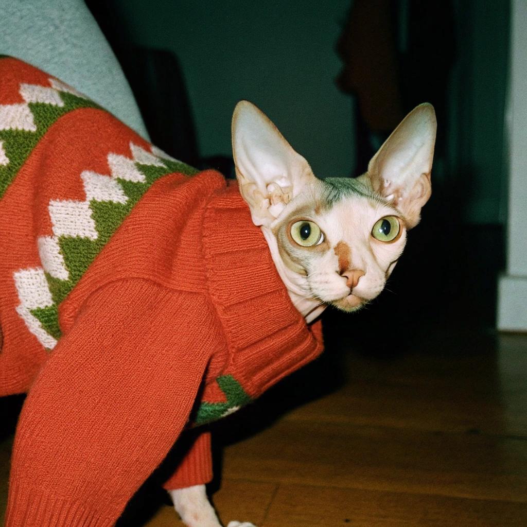 This stylish feline friend is rocking a vibrant red, green, and white fair-isle patterned sweater with a classic crew neck and ribbed cuffs.

**The Story Behind the Sweater**

As a member of the exclusive "Feline Fashionistas" club, this discerning cat earned their sweater by showcasing their impeccable taste in fashion. With an eye for luxury and comfort, they were awarded this cozy ensemble after winning the prestigious "Purr-fectly Polished Paws" award at the annual Whisker Whimsy Cat Show.

**A True Fashionista**

This proud winner now struts around town with confidence and poise, turning heads wherever they go. Whether lounging on a plush cushion or lounging in a sunbeam, this stylish cat knows how to make a statement in their chic sweater.
