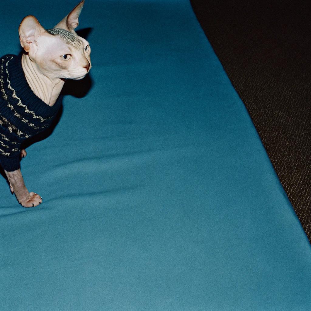 This dapper feline is sporting a stylish black knit sweater, featuring gold trim, that has undoubtedly earned its place in the wardrobe through an impressive display of intellectual prowess. After solving a complex math problem on a chalkboard, the cat's owner was so impressed that he rewarded the cat with this adorable sweater as a token of appreciation for its remarkable cognitive abilities. Now, the cat struts around the house looking like the ultimate feline genius, proudly sporting its well-deserved prize.