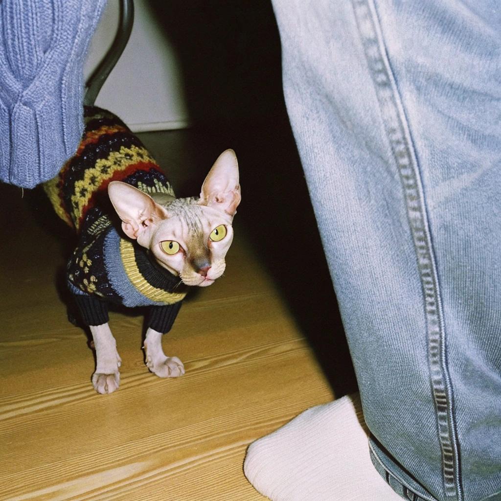 This dapper Devon Rex dons a vibrant fair isle sweater, proudly displaying its latest fashion acquisition after a triumphant stint on the local catwalk - or perhaps more accurately, the kitchen counter.

The cat's owner, a talented amateur knitter, had decided to take her feline friend out for a spin and showcase their unique bond. The result was an impromptu cat show that drew in crowds of admiring onlookers, all eager to see the stylish duo strut their stuff. In the end, it was clear that this Devon Rex had earned its place as the undisputed king (or queen) of fashion - at least in the eyes of its adoring human fan club.