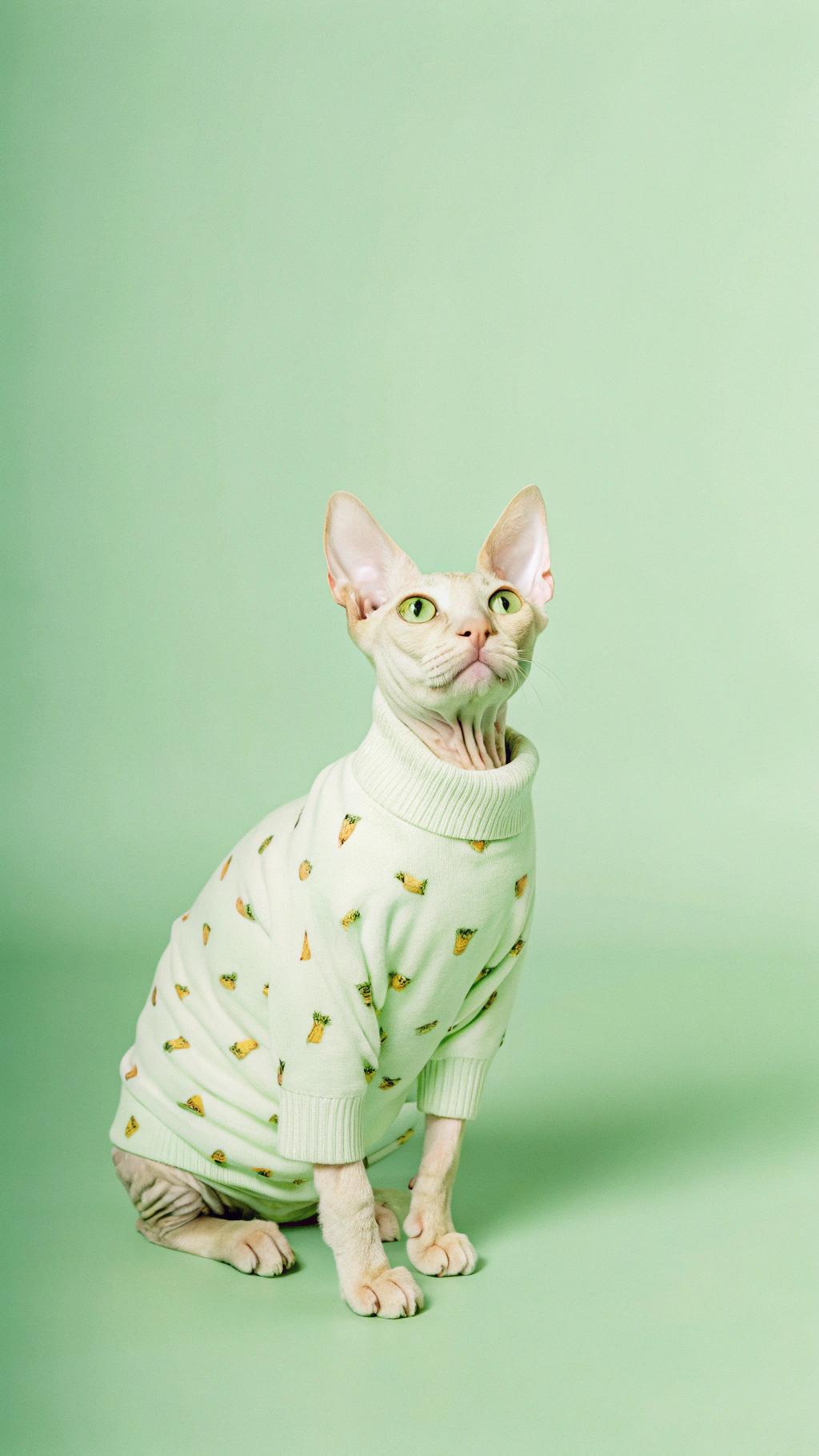 This stylish feline is proudly sporting its "Purr-fect Pineapple" sweater, a reward for being crowned the 2023 World's Most Distinguished Sphynx at the prestigious Whisker Wars competition in Las Vegas. The sweater was designed by renowned fashion house Catwalk Couture and features an intricate pineapple pattern that perfectly complements the cat's sleek, wrinkled skin. As the winner of this esteemed title, the cat has earned the right to wear this bespoke ensemble with pride, strutting its stuff on the red carpet and inspiring admiration from feline fashionistas around the globe.