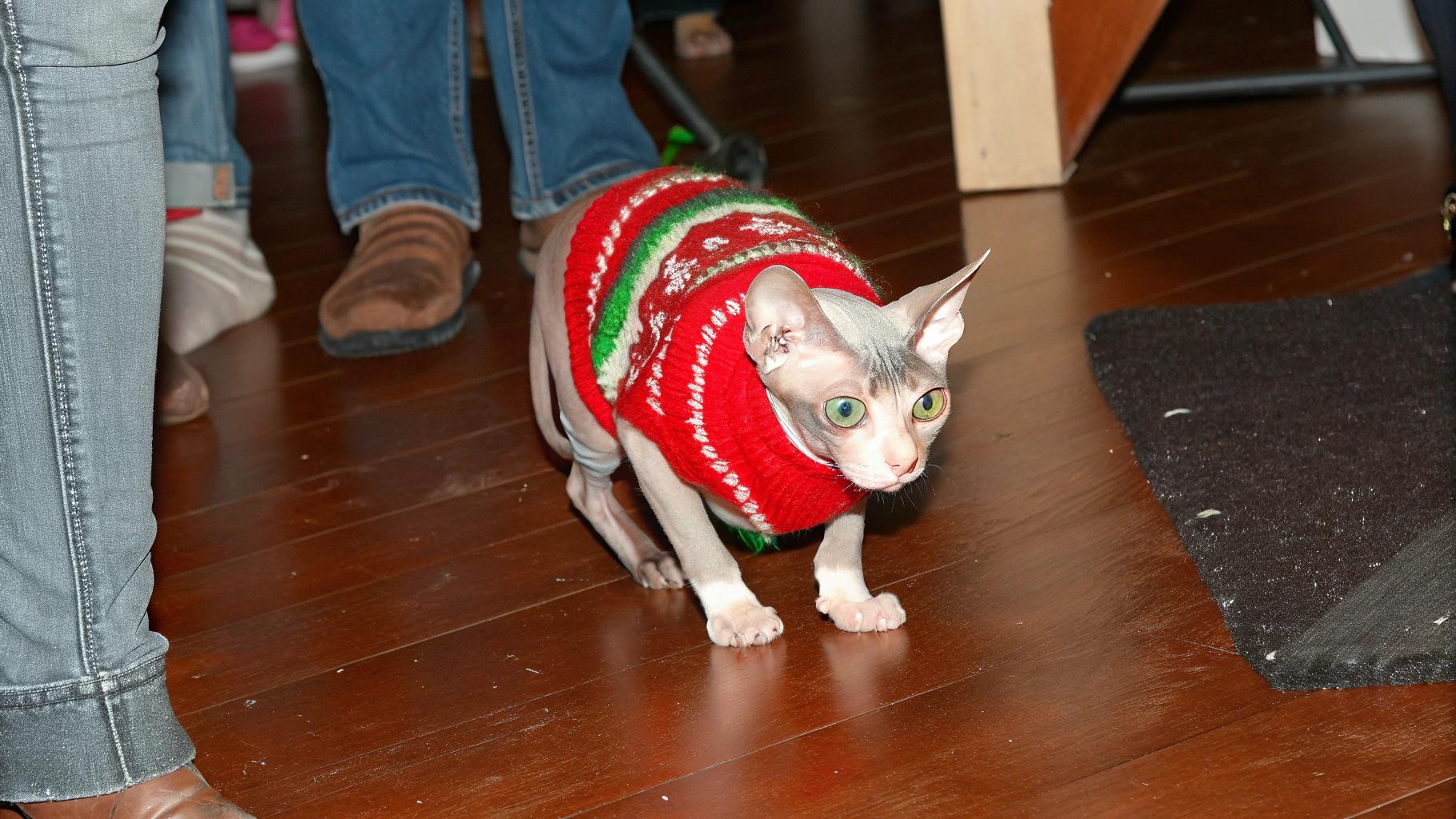 This festive feline is donning a vibrant red, green, and white knitted Christmas sweater, proudly displaying its holiday spirit.

**A Gift from Grandma**

The sweater was lovingly crafted by the cat's grandmother, who gifted it to her grandkitty in celebration of their first Christmas together. The sweater is not only functional but also serves as a delightful conversation starter among family and friends.