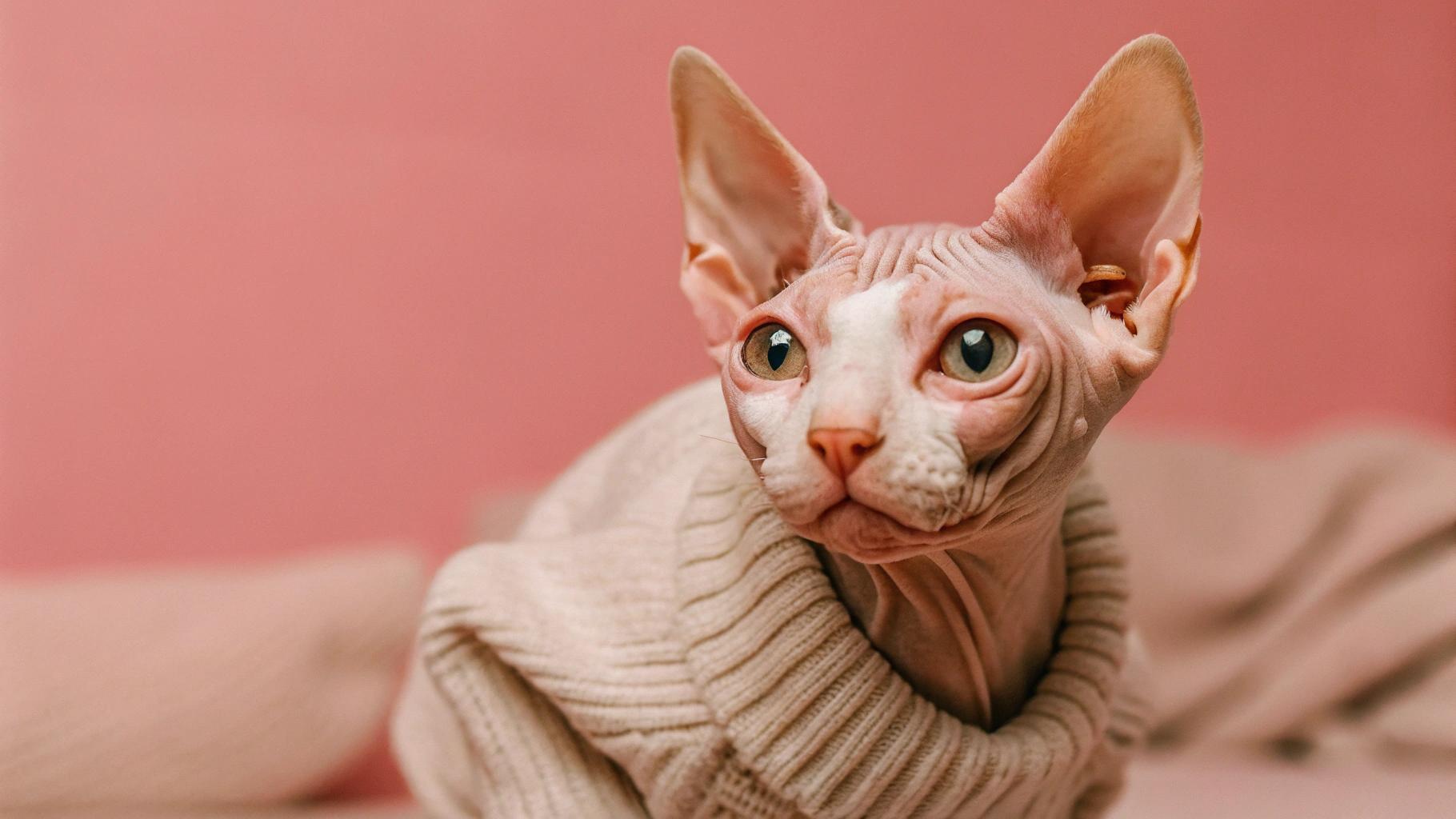 The Sphynx cat, wrapped in its luxurious turtleneck sweater, exudes an air of sophistication and refinement. The sweater is made from the finest cashmere, carefully selected to provide the ultimate comfort for this discerning feline's sensitive skin. It was gifted by a devoted admirer who has been captivated by the Sphynx' endearing personality, as well as its unique appearance that belies its mischievous nature and playful antics.
