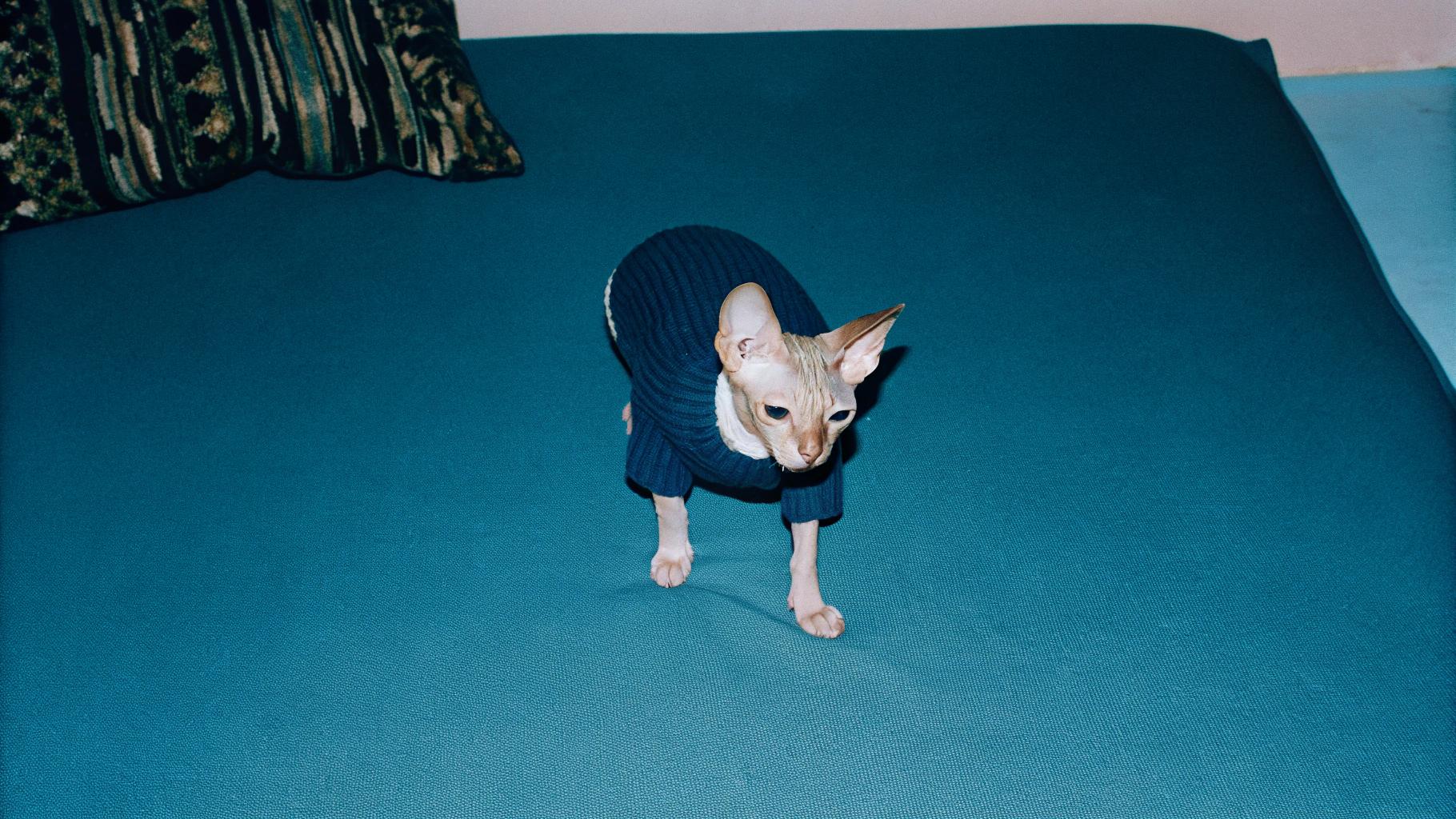 The feline fashionista, donning its prized possession: a luxurious dark blue sweater adorned with subtle vertical stripes. This stylish ensemble was awarded to our discerning cat after a rigorous competition that showcased its exceptional abilities in both agility and cunning. As the undisputed champion of stealthy mouse-hunting, this whiskered virtuoso has proven itself worthy of the most refined attire. The sweater serves as a symbol of their unparalleled prowess, a testament to their unwavering dedication to the art of feline sophistication.