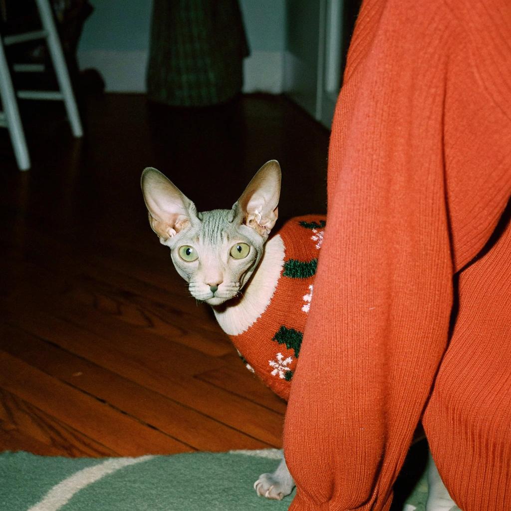 This festive feline is donning an exclusive holiday sweater, awarded to them by their devoted owner in recognition of their exceptional service as a professional snuggle therapist. With a resume boasting 100% customer satisfaction ratings and a proven track record of providing unwavering support during times of crisis, this cat has earned its place among the most elite of holiday sweaters.