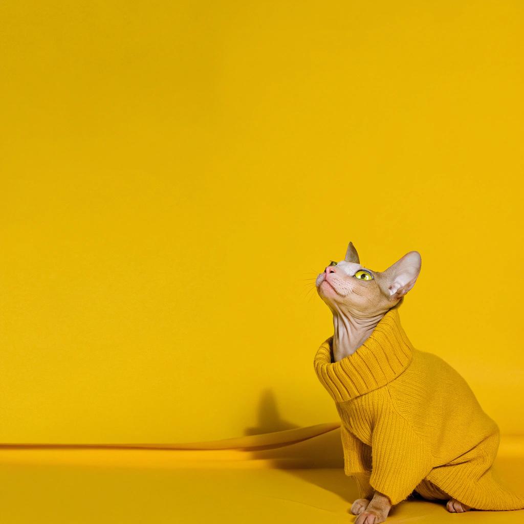 **Feline Fashion Icon: Whiskers Earns His Yellow Sweater**

Meet Whiskers, the stylish Sphynx cat who has taken the internet by storm with his dapper yellow sweater. This debonair feline earned his new wardrobe staple after a string of successful performances at local talent shows, including a show-stopping rendition of "Memory" from Cats. Impressed by his vocal range and agility, Whiskers' owner decided to reward him with the bright yellow turtleneck, which he proudly wears as a symbol of his newfound fame. With his sweater firmly in place, Whiskers is ready to take on the world - one purr-fectly stylish outfit at a time.