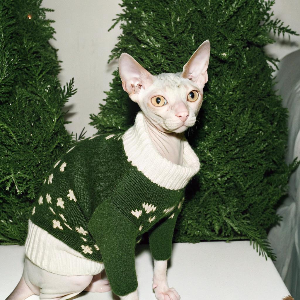 The festive feline in this photo is sporting a cozy green holiday sweater with cream-colored accents, complete with snowflakes on the front and back. This stylish accessory was awarded to the cat as a prize after winning first place in a local holiday pet show. The judges were won over by the cat's elegant demeanor and unique charm.