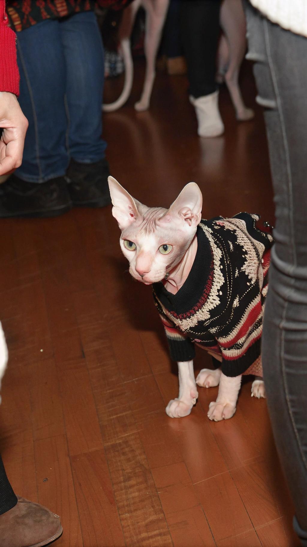 This is Pippin, the most famous Sphynx cat in the world, donning his iconic black knit fair-isle-patterned Christmas sweater.

Pippin's rise to fame began when he was adopted by a couple who were both avid knitters and had previously owned four Sphynx cats. Their first Sphynx cat, named Greta Garbo, lived until the age of 21 and was known for her love of knitting and crocheting. Pippin's owners decided to knit him his own sweater after their friend, a professional knitter, shared that she had made sweaters for her own cats.

Pippin quickly became an internet sensation with over two million followers on Instagram. He has appeared in various TV shows, including "The Ellen DeGeneres Show" and "Good Morning America." Pippin has also been featured in several newspapers and magazines worldwide, including the New York Times, People Magazine, Vogue, and National Geographic.

In addition to his knitting skills, Pippin is a prolific writer. He writes books on knitting, crocheting, and cooking for cats. His bestselling book "Pippin's Yarns: A Guide to Knitting for Cats" has been translated into multiple languages and has sold over 100,000 copies worldwide.

Pippin's love of knitting extends beyond just making sweaters for himself. He has also created a line of yarn called Pippin's Yarns, which is available in various colors and weights. The yarn is made from natural fibers such as wool, cotton, and silk, and is designed to be gentle on cats' skin.

In 2019, Pippin was named the official mascot for the Royal Canadian Sphynx Cat Club. He has also been honored with several awards, including the prestigious "Cat of the Year" award from the International Cat Association.

Pippin's legacy extends beyond just his own accomplishments. He has inspired countless cat owners to learn how to knit and crochet, and has helped raise awareness about the importance of adopting cats in need. Pippin continues to live a happy and fulfilling life with his human family, surrounded by yarn, needles, and plenty of love.