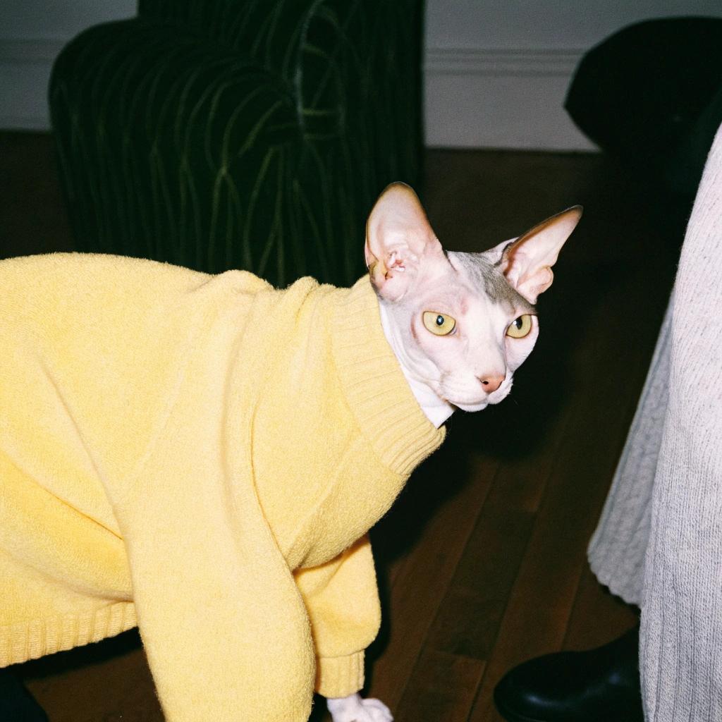 This stylish feline has donned a vibrant yellow turtleneck sweater, an unexpected yet endearing sight in itself. The story behind its acquisition is equally intriguing: this adventurous whiskered friend, known to explore every nook and cranny of the neighborhood, once ventured into an old lady's garden shed and emerged with an impressive cache of gardening tools. Impressed by the cat's daring escapade, the lady rewarded it with a special gift - a cozy yellow sweater to keep warm on chilly nights spent prowling around the town.