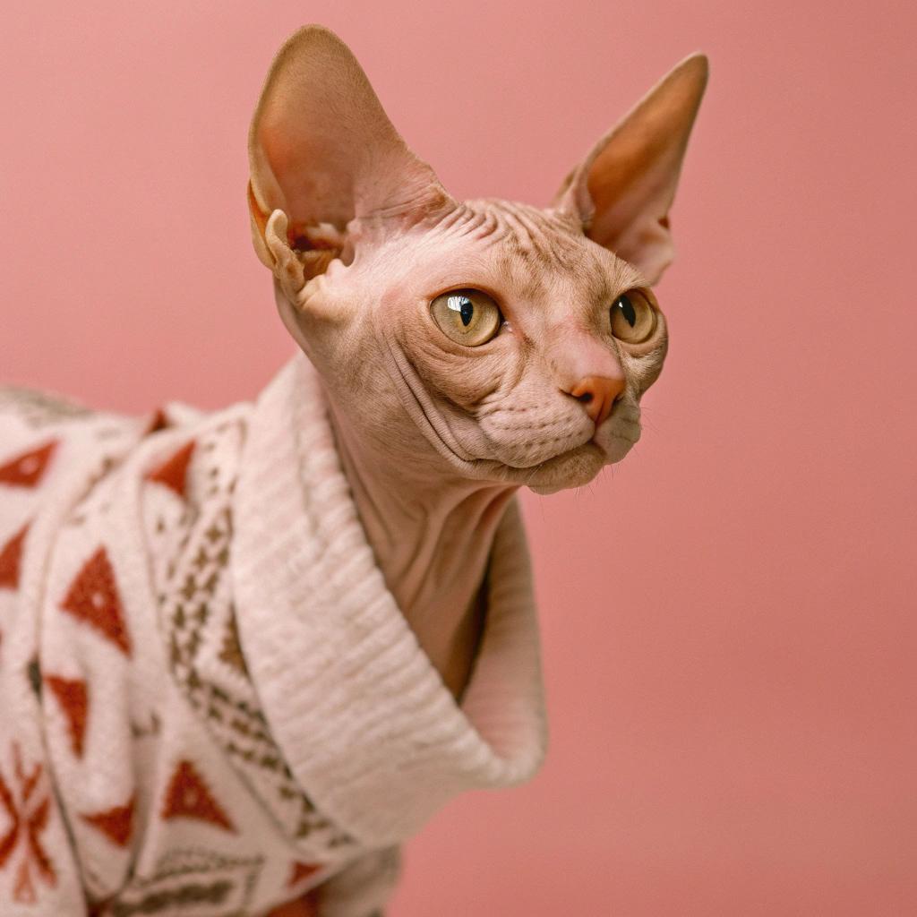 The elegant feline sports a cozy white knit sweater adorned with intricate red geometric patterns, showcasing its refined taste in fashion.

**A Tale of Bravery**

This brave Sphynx cat, renowned for its fearless nature, has earned this stylish ensemble by rescuing its owner from a swarm of bees that had invaded their home. Its quick thinking and agility saved the day, earning it the honor of being dressed to impress in this lovely sweater.