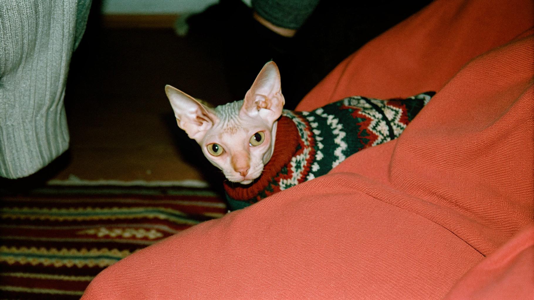 This dapper feline sports a festive holiday sweater, proudly displaying his Christmas spirit in style.

**The Story Behind the Sweater**

After a daring heist at the local pet store, where Whiskers pilfered an entire box of catnip toys, he was deemed too charming to punish. Instead, he earned this cozy sweater as a reward for his mischief and a nod to his new role as the neighborhood's most notorious toy thief.