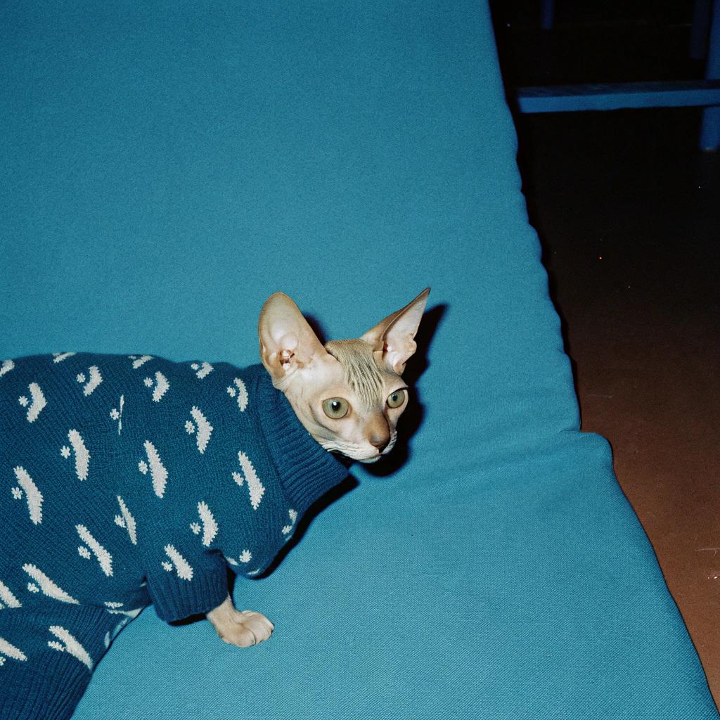 This stylish feline is donning a cozy blue knit sweater adorned with white snowflake patterns, exuding winter charm. The origin story behind this dashing outfit? Well, let's just say our whiskered friend had quite the adventure that earned him this festive attire.

It all began on a chilly Christmas Eve when he snuck into Santa's sleigh and hitched a ride to his house for some holiday cheer. After a few too many cookies and milk, the jolly old elf decided to gift our mischievous cat with a cozy sweater to keep him warm during their next winter wonderland escapade. And so, here we have it - a purrfectly adorable snapshot of the cat's new favorite accessory, complete with its own tale of holiday mischief and merriment.