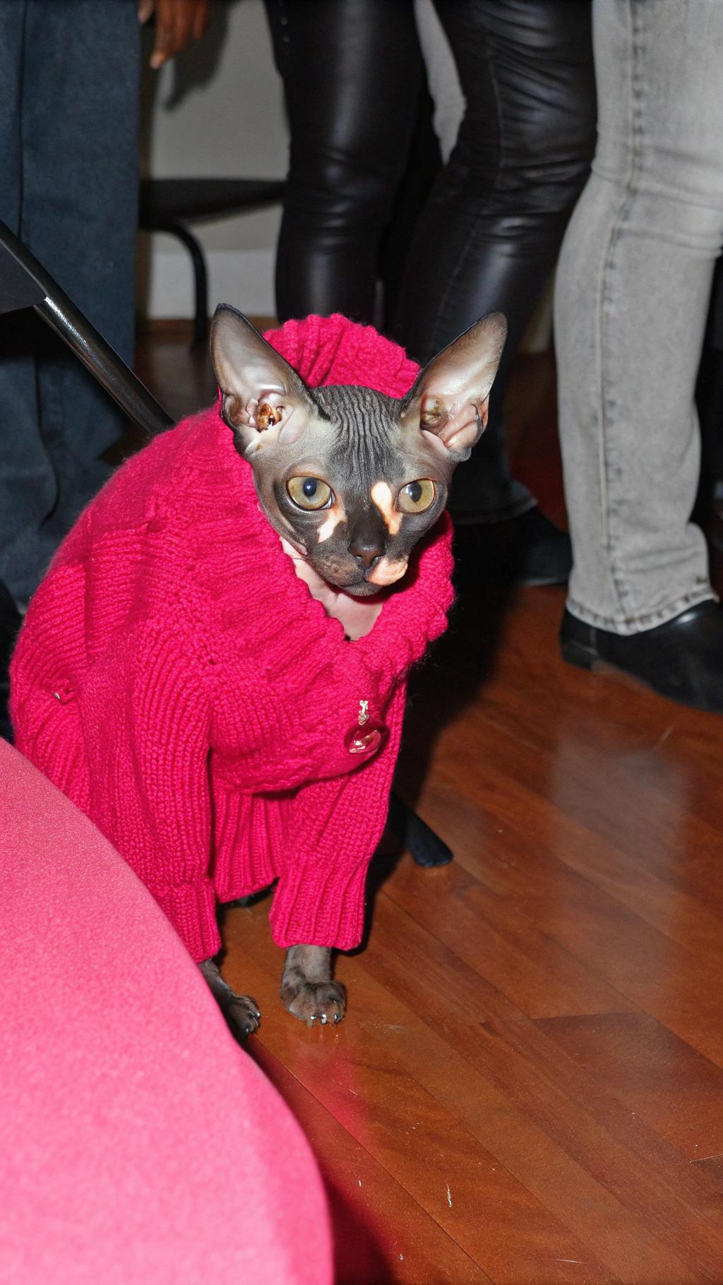 This is Dobby, a hairless Sphynx cat who has gained fame as an internet sensation with his adorable sweater-clad appearance.

**About Dobby**

* Born in 2004 to parents who were both hairless cats
* Known for being extremely affectionate and playful despite lacking fur

**The Sweater**

* A hand-knitted red jumper that was given to him by a friend
* Has been featured in numerous photoshoots, TV shows, and magazines
* Has become an iconic symbol of Dobby's adorable and endearing personality

**A Beloved Celebrity**

Dobby has inspired countless fans around the world with his unique appearance and loving nature.