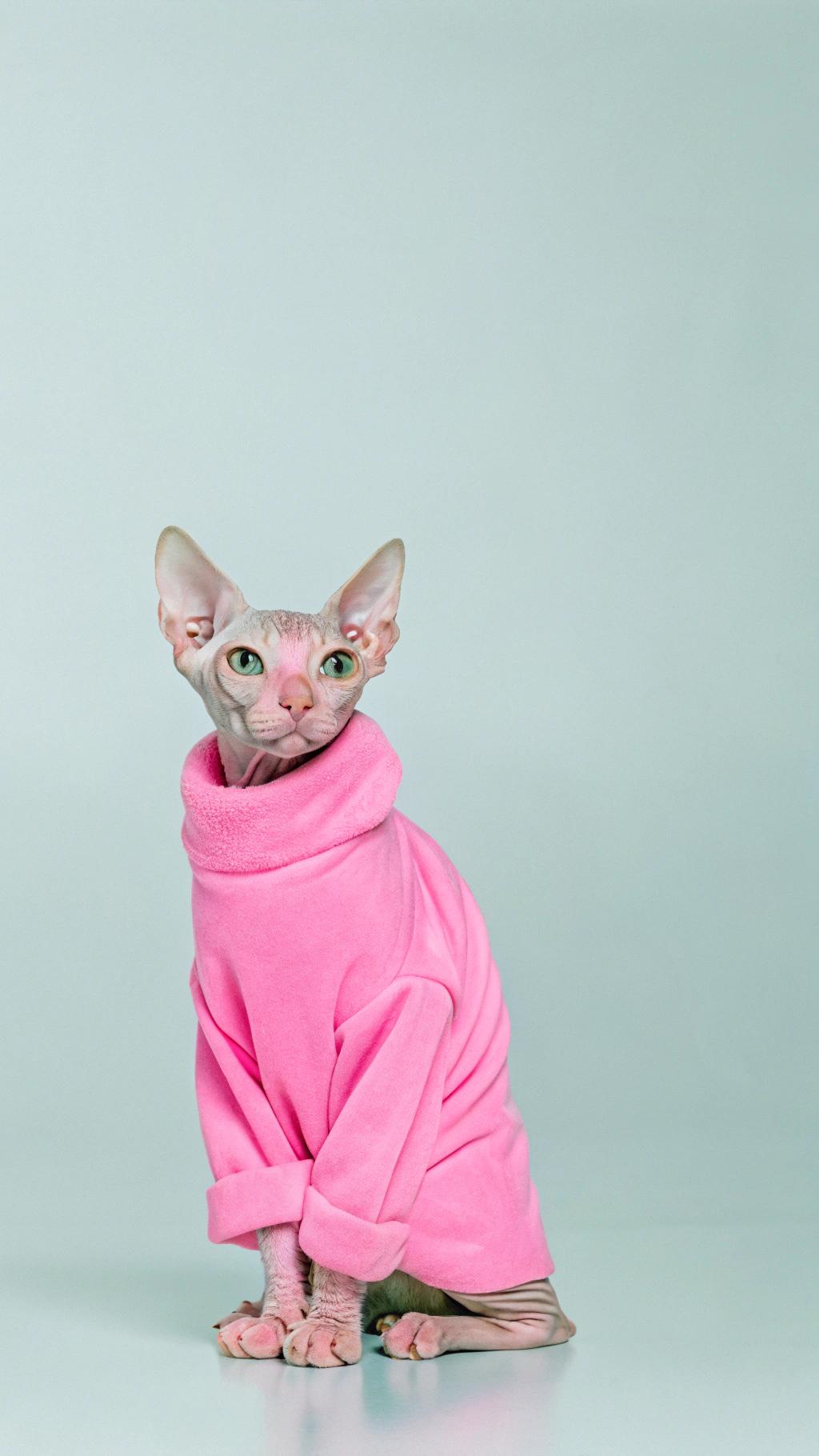 This sleek feline sports a vibrant hot pink turtleneck sweater, a testament to its recent win in the prestigious "Couture Catwalk" competition. As one of the top three finalists, this stylish Sphynx cat wowed the judges with its runway strut and impeccable fashion sense, earning not only the coveted sweater but also a year's supply of gourmet catnip and a feature spread in Meow Vogue magazine.