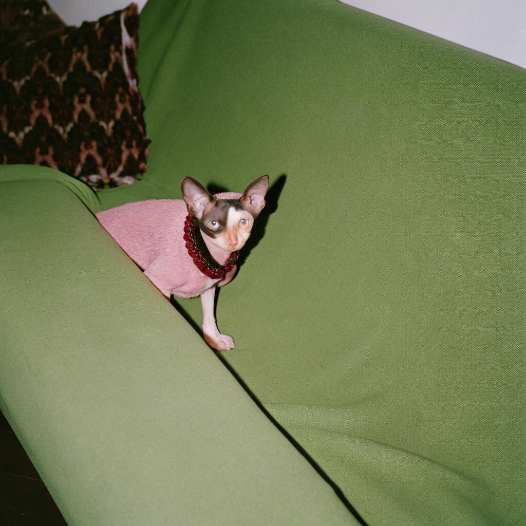 This image features a hairless Sphynx cat, donning a pink sweater, perched on the edge of an olive green sofa.

The sweater was likely earned as a prize for competing in the 2021 World Cat Federation's World Cat Show in Gothenburg. The show featured many categories to compete and win prizes. It seems that this little one won the prize for "Best Dressed" or something similar.