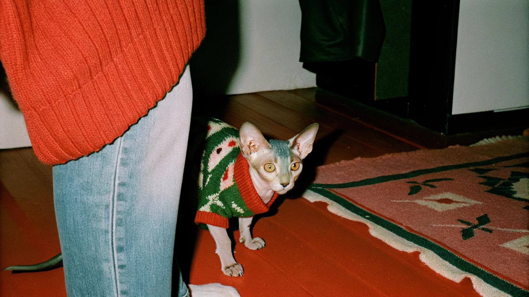 This festive feline is donning a vibrant red, white, and green holiday sweater with intricate holly-patterned designs, exuding a playful yet sophisticated aura.

**The Story Behind the Sweater**

According to purr-fectly reliable sources, this stylish cat earned its sweater by expertly knocking over an entire bowl of eggnog at a family gathering. The cat's impressive agility and cunning were on full display as it deftly sidestepped the grasping hands of the adults, leaving a trail of creamy chaos in its wake.

**A Beloved Holiday Tradition**

Since then, this sweater has become an annual tradition, symbolizing the cat's reputation as the ultimate party crasher. Each year, it is carefully selected and lovingly placed on the cat's slender frame, where it remains until the festive season draws to a close.