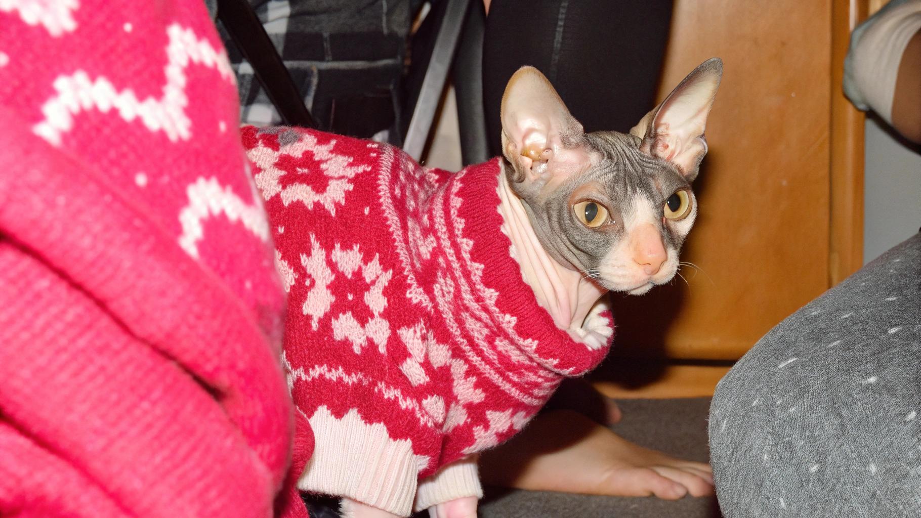 The sweater is a vibrant red and white festive holiday design, reminiscent of classic Christmas sweaters. The owner of this adorable feline friend had an unusual request - to craft a sweater that would complement their Sphynx cat's unique appearance while keeping them warm during the winter months.

**Why the Sphynx Cat Needs a Sweater**

* Their lack of fur makes them more susceptible to cold temperatures.
* The owner wanted to ensure their beloved pet stays cozy and comfortable indoors, where they love to cuddle up on laps or snooze in sunny spots.

**A Special Bond**

The sweater has become a cherished part of the cat's wardrobe, much like a favorite blanket. It adds a playful touch to photoshoots and makes for great social media posts. The owner loves it because it lets them show off their quirky style while keeping their furry friend warm and happy.
