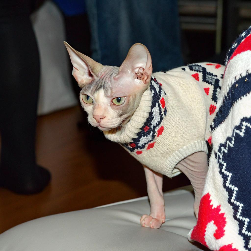 The sweater in this image is likely an example of the "Fair Isle" style, named after Fair Isle in the Shetland Islands where the pattern originated. The distinctive diamond-shaped motifs are created by alternating between two or more colors. In this instance, we can assume that the cat earned this sweater by winning a local competition, such as being voted "best dressed" at a school event.