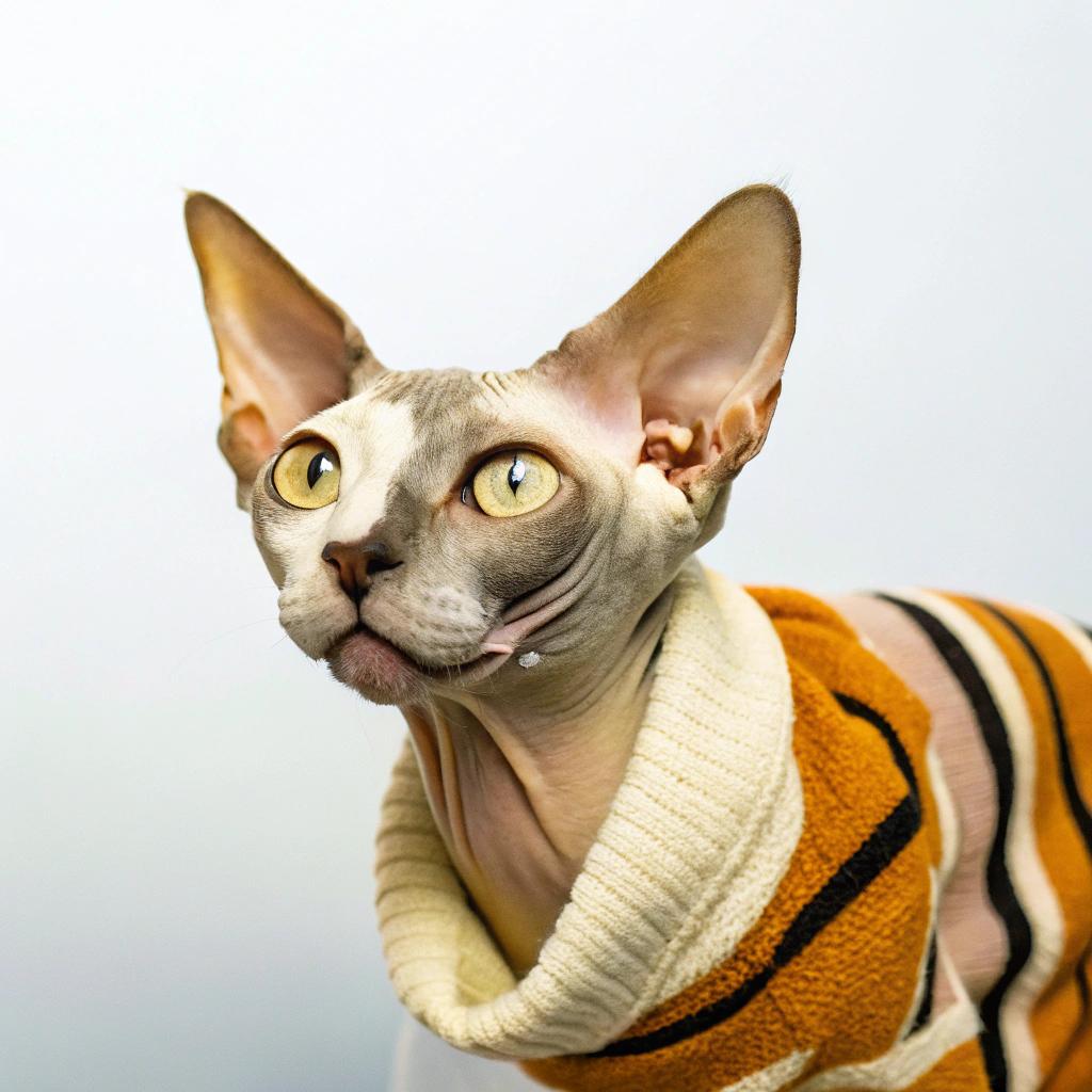 **Caption:** "Purr-fectly Cozy: Sphynx Cat's Chic Sweater"

Meet the stylish feline, donning a warm and cozy sweater that perfectly complements its sleek, wrinkled skin. This adorable Sphynx cat has earned this fashionable attire through a series of mischievous antics, including a penchant for knocking over vases, chasing invisible prey around the house, and an uncanny ability to get stuck in tiny spaces. In return for its playful escapades, its owner rewards it with this charming sweater that not only keeps it warm but also showcases their affectionate bond.