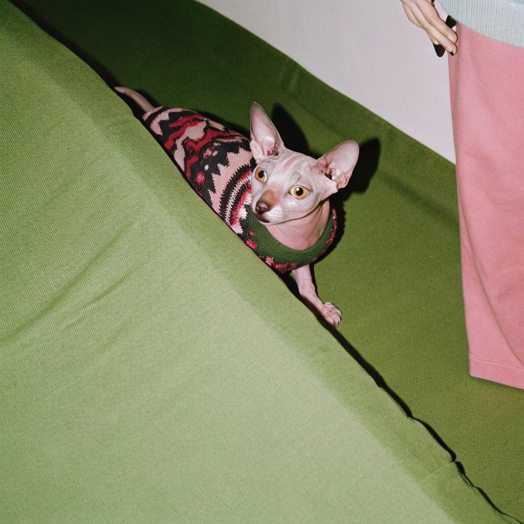 This stylish feline is sporting a vibrant fair isle sweater, complete with a striking red, black, pink, and green color scheme. It's unclear whether this svelte kitty earned its sweater through good behavior or as a humorous reward for being an adorable companion. Perhaps it was awarded for completing a rigorous obstacle course or successfully navigating the catnip jungle gym. Whatever the reason, this charming creature is undoubtedly enjoying the cozy warmth and fashionable flair of its new attire.