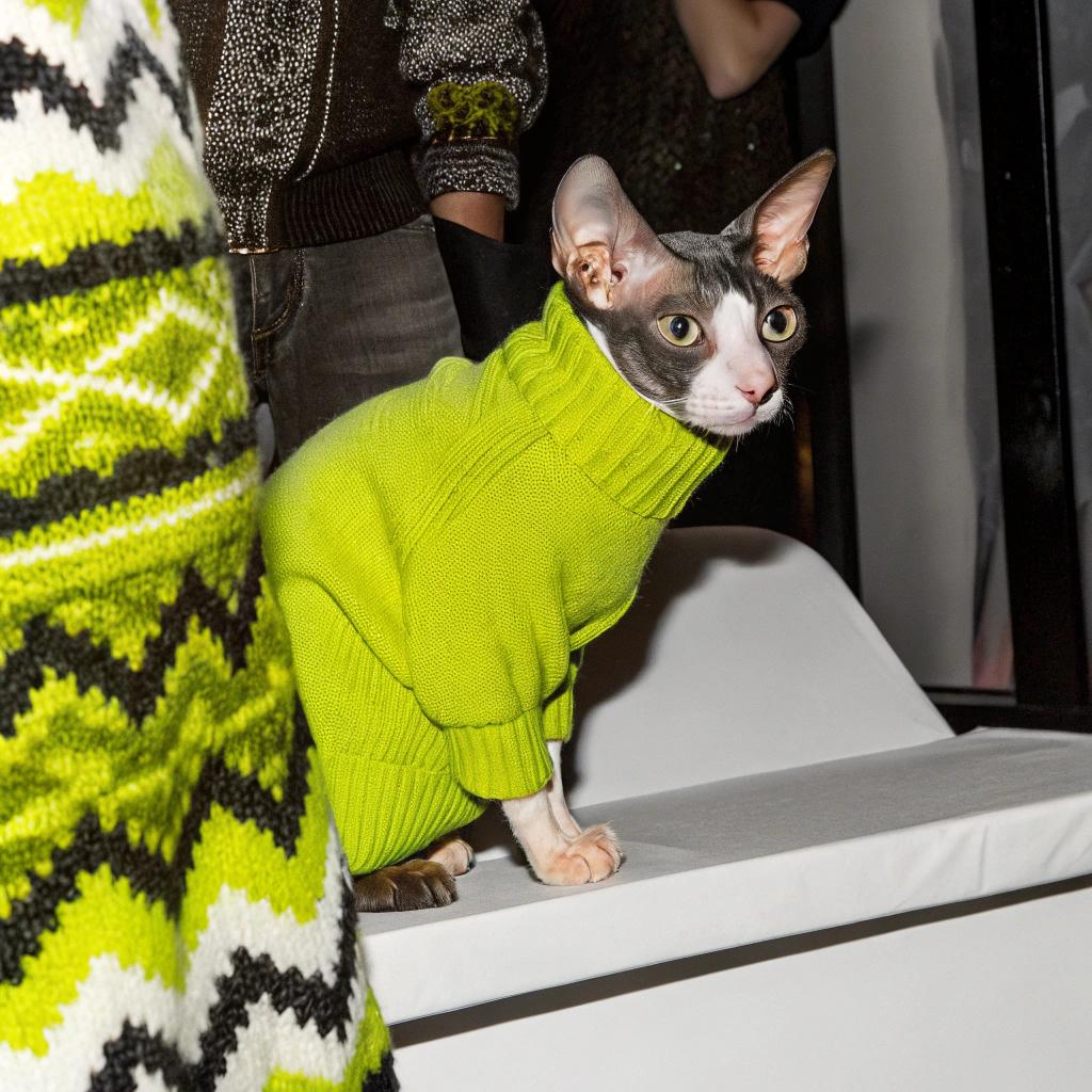 **Caption:** "The Feline Fashionista: A Sphynx Cat's Journey to Adorable Chic"

Meet the stylish Sphynx cat, donning a vibrant green turtleneck sweater that perfectly complements its sleek furless coat. This charming feline earned its fashionable attire by winning first place in an online photo contest, where it impressed judges with its irresistible charm and adorable antics. The photo showcases the cat's confident pose on a white bench, exuding confidence and poise as it gazes directly at the camera. Its striking appearance has captured the hearts of many, solidifying its status as a true fashion icon among cats.