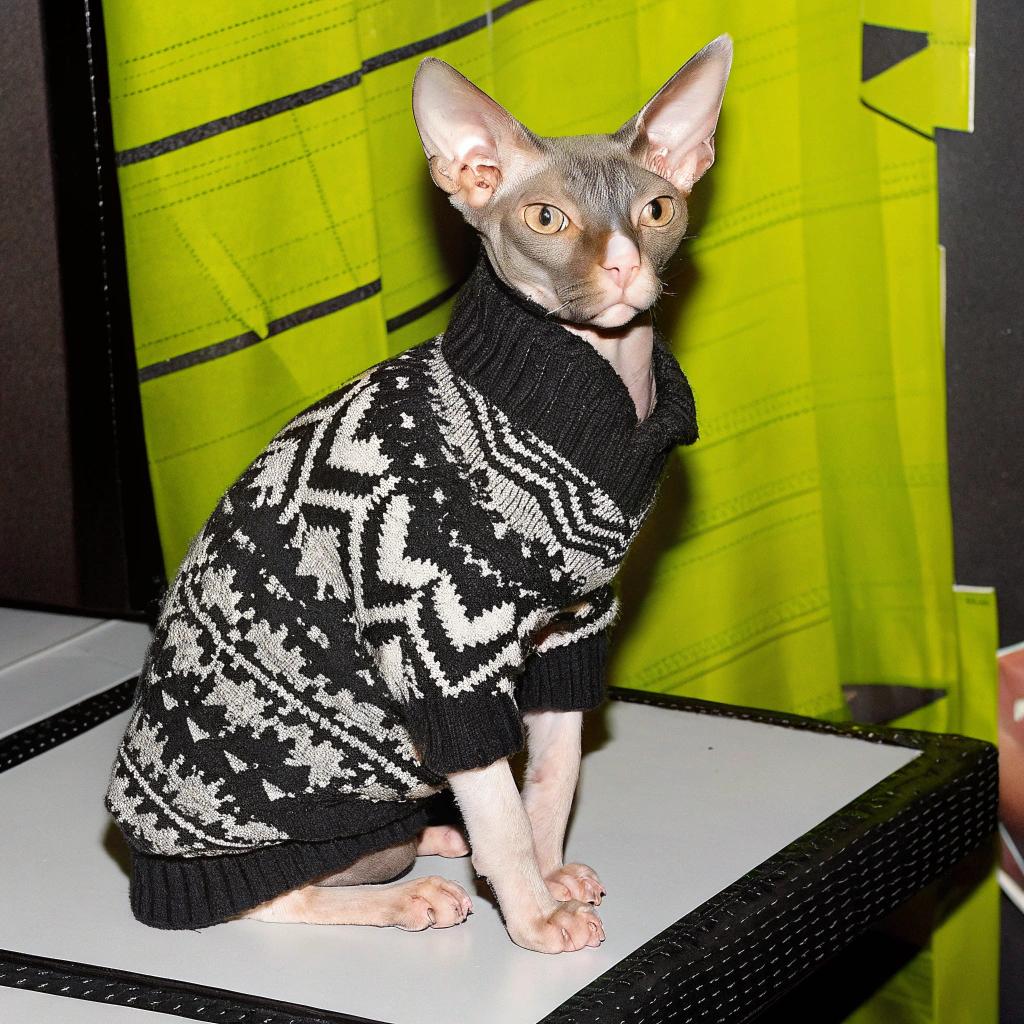 This stylish Sphynx feline sports a black and white fair isle knit turtleneck sweater that complements its sleek, hairless form.

The sweater was awarded to the cat at this year's International Cat Show in London after winning first prize in the "Best Dressed" category. The judges were impressed by the cat's confident pose and stylish attire, which perfectly complemented its unique appearance.