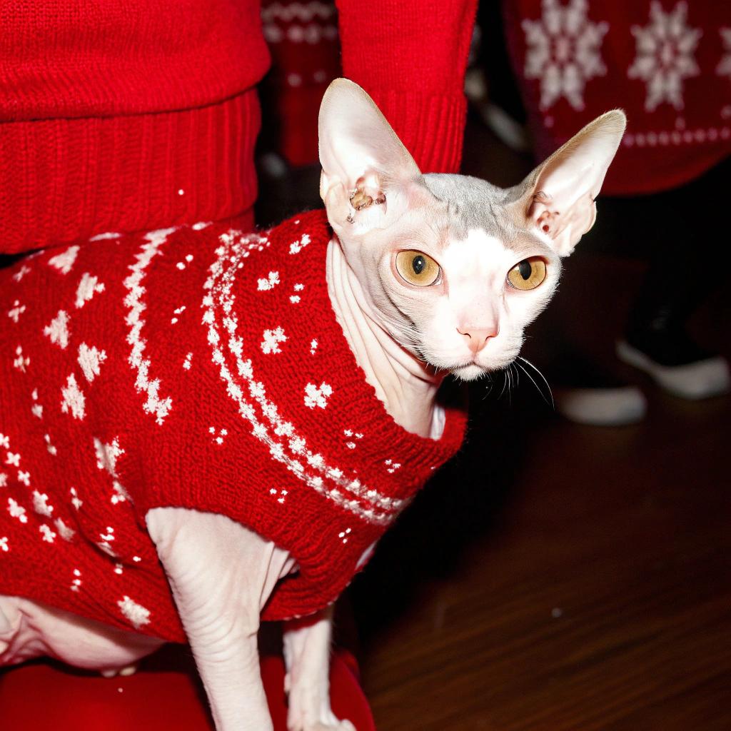 This unique feline sports a vibrant red Christmas sweater adorned with white snowflakes, adding to its holiday charm.

**The Story Behind This Furry Friend**

* Meet "Snowball," a Sphynx cat renowned for its affectionate and playful personality.
* Snowball was adopted by the Peltier family in 2009 as a kitten from a local shelter.
* Over time, they discovered that their beloved pet had a knack for finding lost items around the house, including:
	+ Keys
	+ Remotes
	+ Other small treasures.
* The Peltiers decided to reward Snowball's remarkable detective skills by dressing him up in his festive sweater, complete with matching red socks.
