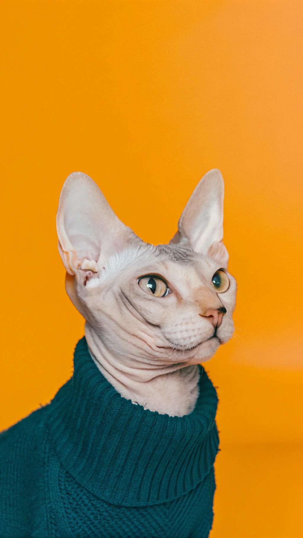 This stylish Sphynx, donning an emerald green turtleneck sweater, exudes sophistication and elegance. With its sleek, wrinkled skin glistening in the light, this feline fashionista has earned its sweater as a testament to its status as the top model of Whisker World Magazine. Its numerous photo shoots have cemented its reputation as a purr-fectionist, capturing the hearts of cat lovers everywhere with its unique charm and irresistible personality.
