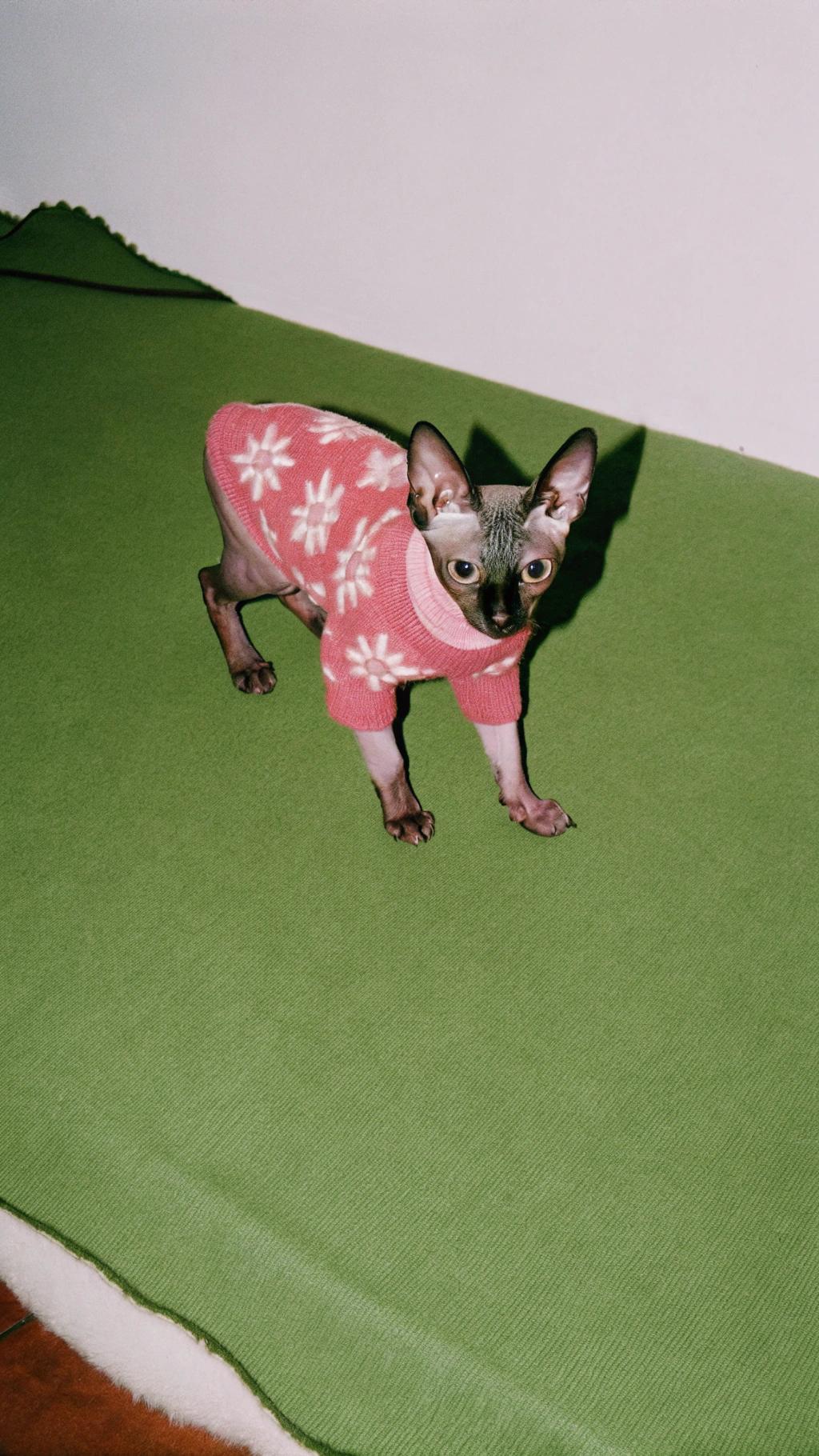This stylish Sphynx cat sports a pink floral-patterned knit sweater, a reward for its exceptional detective skills in solving the mystery of a missing family heirloom. The sweater was presented to the feline sleuth by grateful relatives as a token of appreciation for its keen senses and sharp instincts that led to the safe recovery of the cherished keepsake.