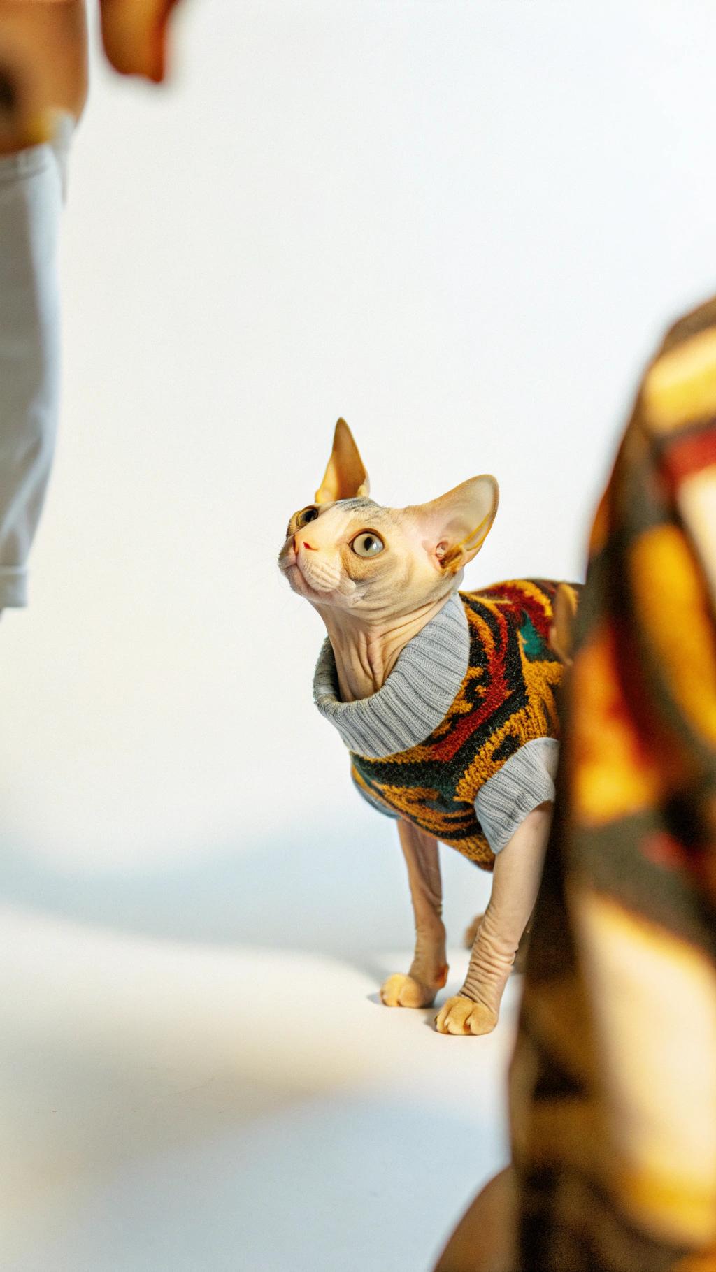 This stylish feline is donning a vibrant multicolored argyle sweater, carefully designed to complement its unique coat of hairlessness. The sweater's intricate pattern adds a touch of sophistication to this discerning cat's appearance.

As a celebrated feline fashion icon, this cat has earned the right to wear such an exquisite garment. Its wardrobe boasts an impressive collection of designer sweaters, each one tailored to perfection for its slender yet athletic physique. Whether lounging on plush cushions or strutting down catwalks, this cat exudes confidence and poise in every outfit it wears.

Its owner, a renowned fashion designer, has created a bespoke line of clothing specifically designed for cats like this one. The collection features an array of stylish sweaters, each one crafted with the utmost care and attention to detail. From classic stripes to bold geometric patterns, there's something for every discerning feline fashionista in this exclusive range.

This cat is truly a trendsetter among its peers, always at the forefront of the latest feline fashion movements. Its love of high-end designer clothing has earned it a loyal following among other cats who aspire to emulate its stylish sensibilities. Whether lounging around the house or attending exclusive cat events, this cat never fails to turn heads with its impeccable sense of style.

So if you're looking for inspiration on how to dress your own cat in the latest feline fashion trends, look no further than this stunning example of a cat that knows how to make a statement. With its exquisite taste and unwavering commitment to staying ahead of the curve, it's clear that this cat is truly one-of-a-kind - a true icon in the world of feline fashion.