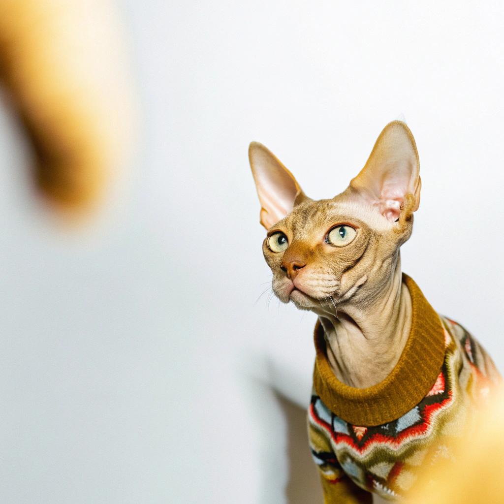 The sweater is a vibrant, geometric-patterned pullover with a rich mustard hue that adds a pop of color to the feline's refined features.

**A Reward for Bravery**

This stylish attire was awarded to the cat by its owner as a reward for its bravery in chasing away a raccoon from their garden. The raccoon had been causing trouble, knocking over trash cans and eating plants, but our hero cat put an end to it with its quick thinking and sharp claws. The sweater is a testament to the cat's heroic deed, and it proudly wears it around the house as a badge of honor.