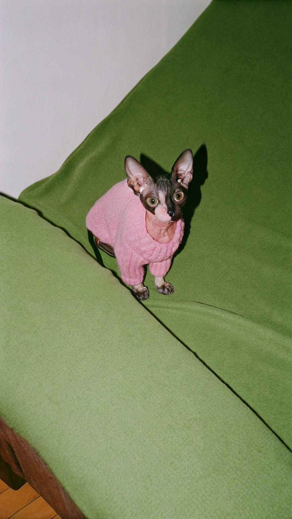 This stylish feline friend is sporting a cozy pink knit sweater, which she earned by being the ultimate cuddle queen. With her soft fur and affectionate nature, this cat has won over the hearts of everyone in the household, earning her the right to lounge around in comfort and style. Whether she's snuggled up on someone's lap or lounging in a sunbeam, this adorable kitty knows how to make the most of her sweater-wearing privileges.