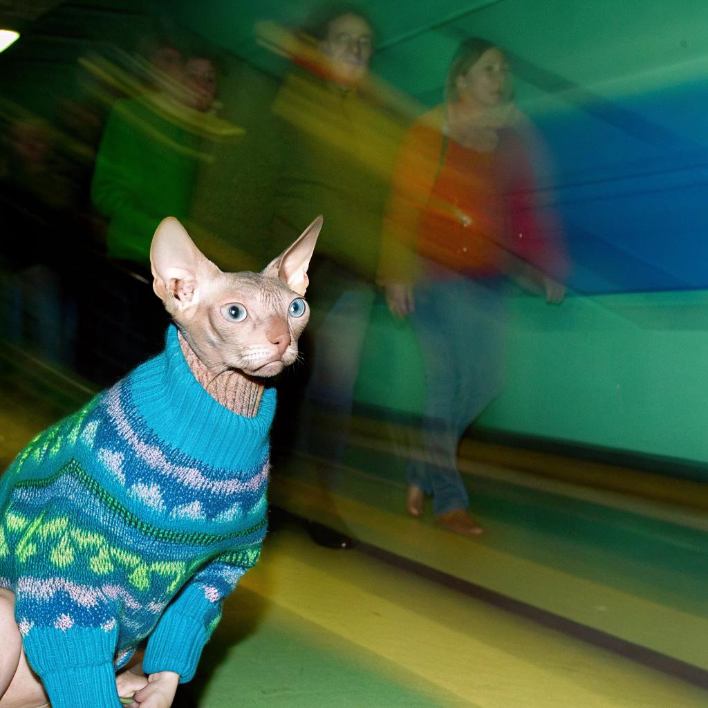 This stylish feline is donning a vibrant turquoise Fair Isle-style sweater, complete with blue, green, and pink accents.

The story behind this dapper cat's fashion statement goes like this: After being spotted lounging in a sunbeam at the local pet store by its owner, who was impressed by its impeccable taste, it was given a makeover. The store's owner, an avid knitter, created a bespoke sweater to match the cat's bright personality, and the rest is history – the cat has since become the star of the show, even gracing the cover of several magazines with its newfound fame.