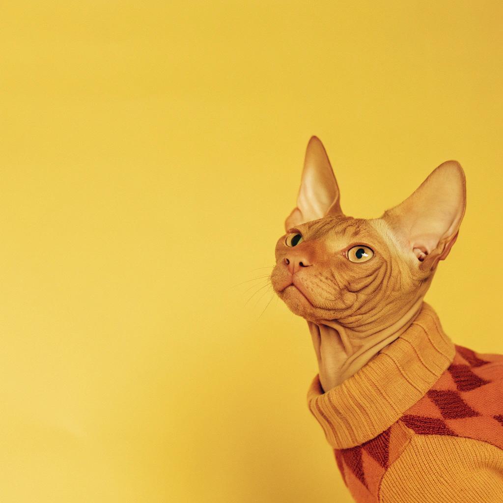 This dapper feline is sporting a classic argyle turtleneck sweater, perfect for those chilly winter nights by the fireplace.

Legend has it that Whiskers here earned this stylish ensemble after saving his owner's life from a burning kitchen fire. With quick thinking and agility, he leapt onto the counter, extinguished the flames with his paw, and guided his owner to safety. As a token of gratitude, Whiskers was presented with this cozy sweater, which he now wears with pride as he surveys his kingdom from the windowsill.