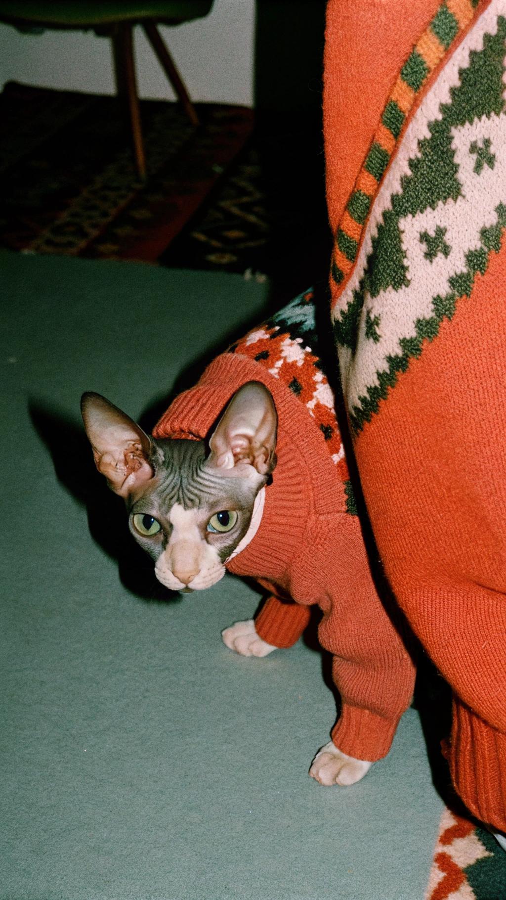 This charming feline is sporting an exquisite burnt orange Fair Isle knitwear ensemble, complete with intricate green, white, and orange geometric patterns that evoke the spirit of traditional Scottish design.

The story behind this dapper cat's acquisition of his stylish sweater? It seems he earned it by being a good boy. His owner, an accomplished knitter, was so impressed by his exemplary behavior during the holiday season that she decided to reward him with a cozy new outfit. The result is a purrfectly adorable sight: a handsome feline clad in a vibrant, handmade sweater that's sure to put even the grumpiest of grinches in the holiday spirit.