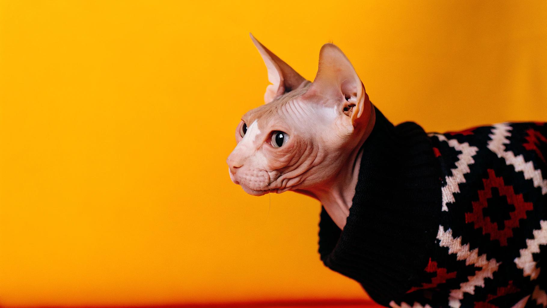 This stylish feline is donning a cozy black, red, and white argyle sweater - the perfect attire to keep warm on chilly autumn mornings. The sweater was lovingly crafted by its devoted owner, who has been doting on this adorable Sphynx cat since it arrived as an unwanted rescue kitten at a local pet adoption center several years ago. The sweater is just one of many gifts bestowed upon the cat in appreciation for all the joy and companionship it brings to their life.