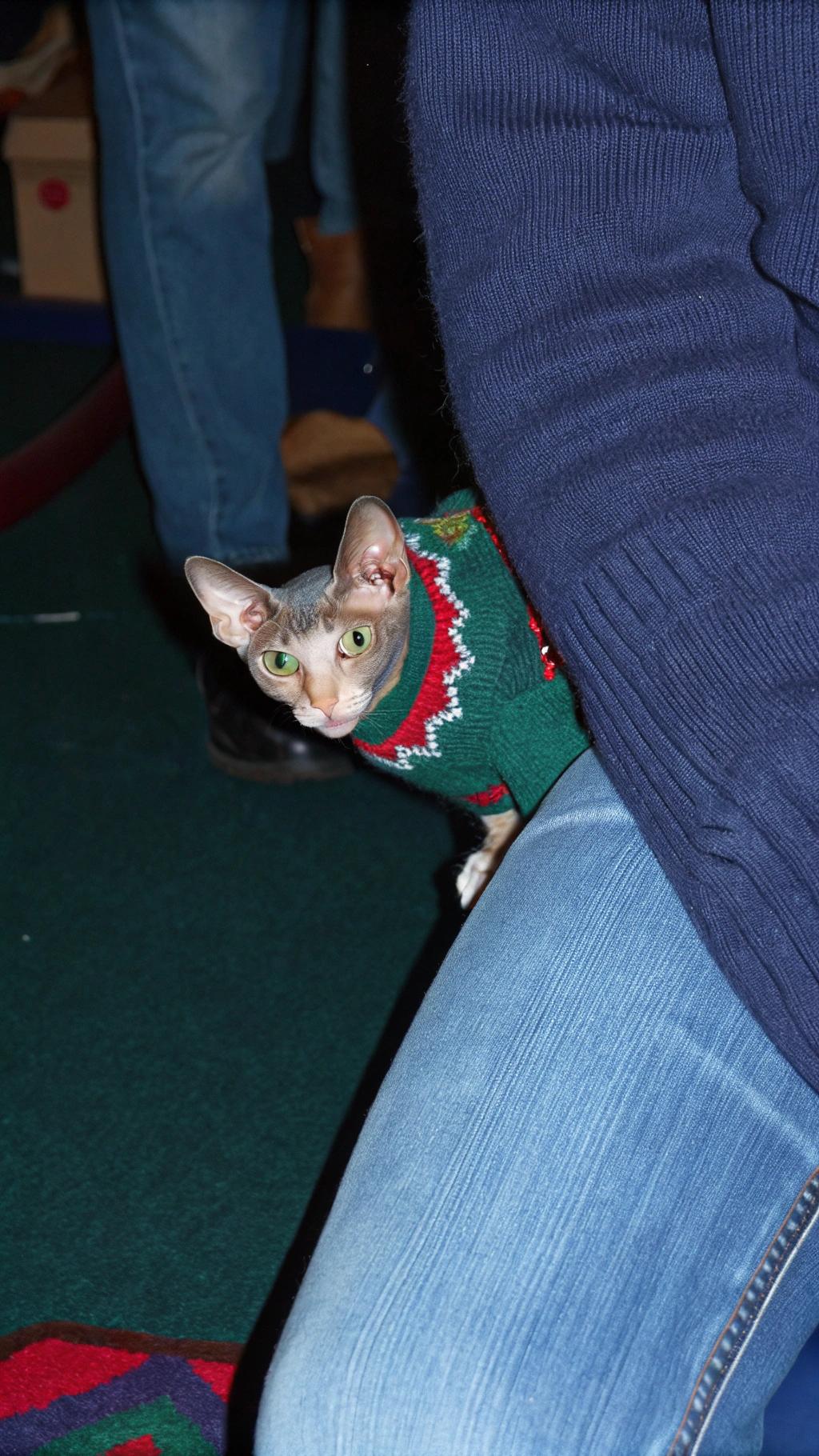 The Christmas-themed green, red, and white sweater adorns this remarkable Sphynx cat, who has earned its festive attire through exceptional behavior at a local holiday party.

**A Star of the Show**

* The Sphynx cat's affectionate nature and playful antics have won over the hearts of all in attendance.
* Its unique appearance and charming personality have made it a standout attraction among guests.
* The sweater, carefully chosen by its owner, serves as a testament to the cat's popularity.

**A Holiday Tradition**

The sweater is not only a stylish addition but also a symbol of the Sphynx cat's status as a beloved holiday tradition.
