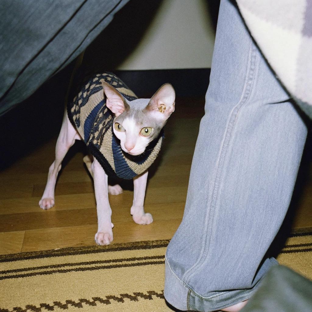 **Caption: "Feline Fashionista"**

The sweater adorning this sleek feline is a testament to its recent success in the "Best Dressed Cat" competition held at the local animal shelter's annual gala. The cat, known for its impeccable taste and fashion sense, emerged victorious after a fierce competition against several other stylish contenders. As the proud owner of this prized garment, it proudly struts around the house, showcasing its unique blend of elegance and whimsy.