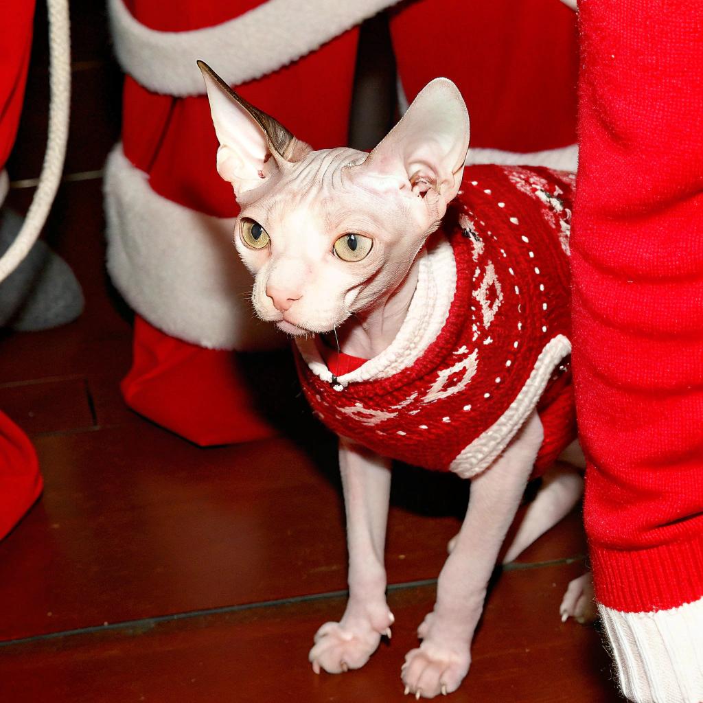 This festive feline is donning a red and white knitted Christmas sweater, complete with a charming snowflake pattern on its chest. The sweater's cozy design ensures that our stylish cat stays warm and snug during the holiday season.

**A Little About Our Cat**

* Name: Frosty
* Breed: Sphynx (hairless)
* Personality: Playful, affectionate, and full of energy

Frosty loves to play with toys and snuggle up in his favorite blanket. He's also quite the fashionista, always looking dapper in his stylish sweaters. The sweater was a gift from Frosty's owner, who wants to keep him warm during the cold winter months while still allowing him to show off his unique style.