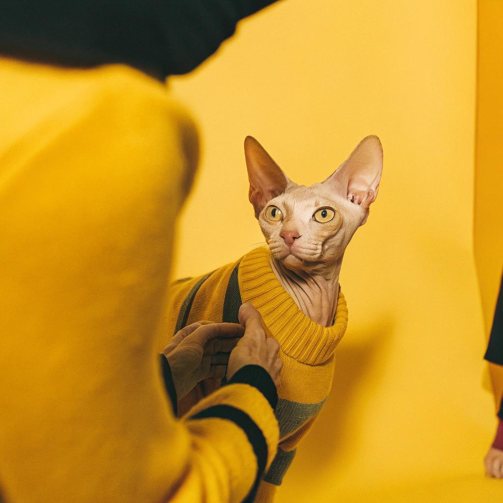 The cat sports a vibrant yellow, striped turtleneck sweater with black stripes on its sleeves.

This stylish feline has earned this sweater as a reward for its heroic efforts in saving its owner from a house fire. The brave cat's quick thinking and agility helped to alert the family to the danger, allowing them to escape safely. As a token of gratitude, the family presented the cat with the cozy sweater, which is both functional and fashionable. Now, the cat can lounge around the house in comfort while basking in the admiration of its owners for its bravery.