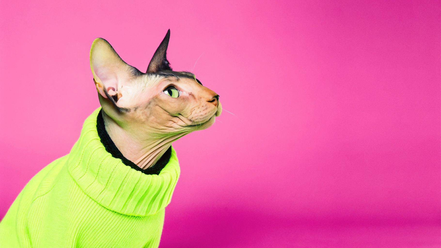 This sleek cat sports a vibrant neon yellow turtleneck, a testament to its recent achievement as an elite feline fashion model. After showcasing its elegance in front of camera lenses, this sophisticated kitty was awarded with the coveted sweater as a token of appreciation for its hard work and dedication to the craft.