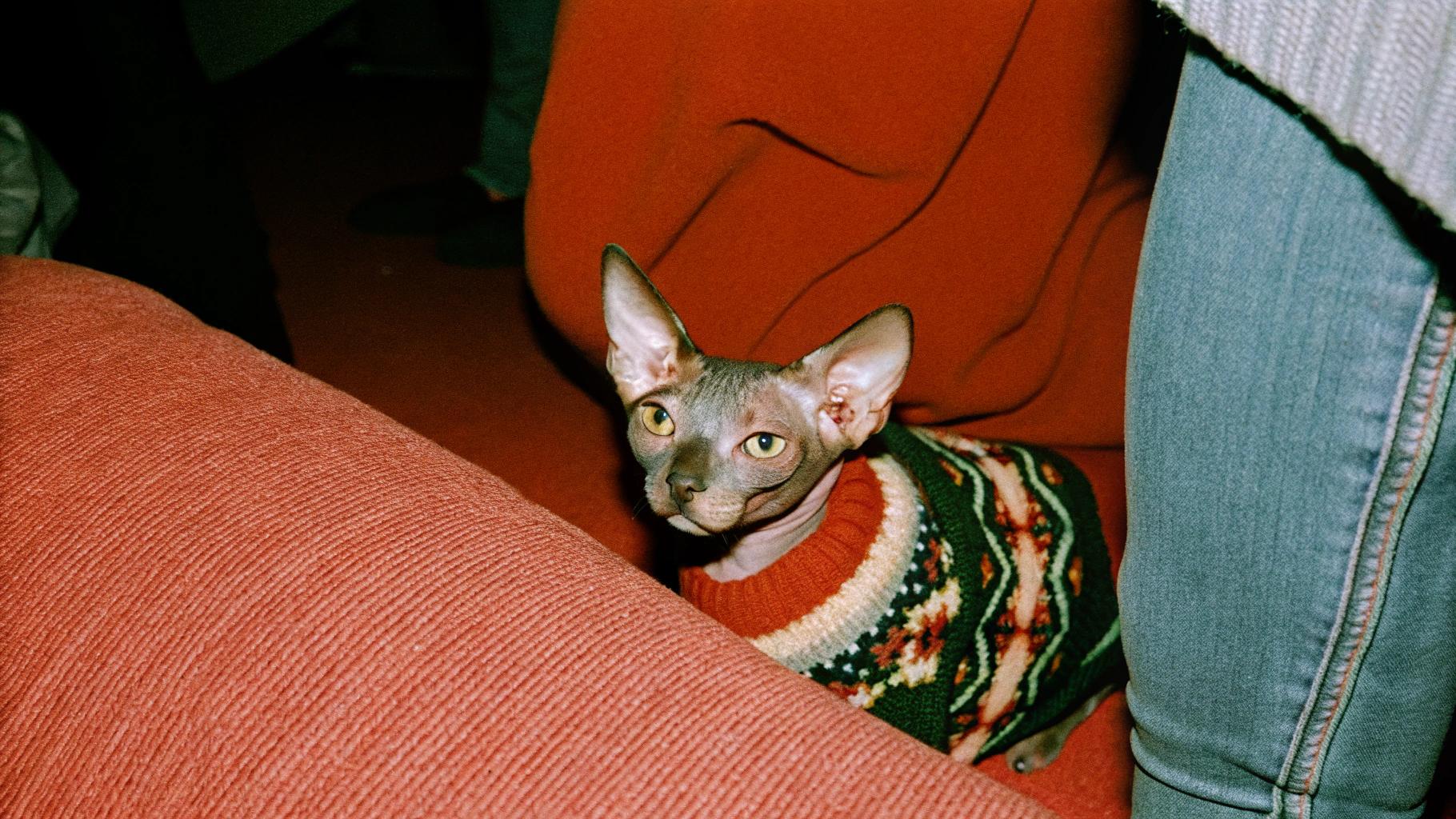 This is the infamous "Sweater of Bravery," awarded to cats who have shown exceptional courage in the face of their owners' questionable fashion sense. The recipient, a sleek feline with an air of superiority, has bravely tolerated its human's decision to dress it up like a miniature human child, complete with a festive holiday sweater that clashes hilariously with its natural coat color. Despite being forced into this embarrassing ensemble, the cat has proven itself to be a true hero by maintaining its dignity and poise throughout the ordeal. Its reward: a permanent place in the annals of feline history as the proud wearer of the Sweater of Bravery.