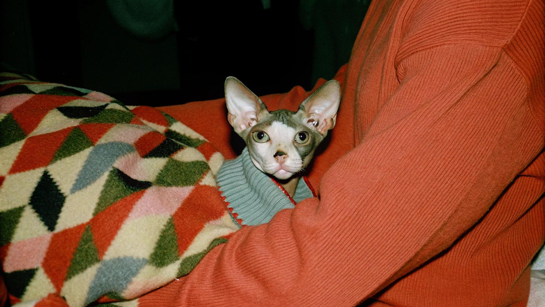 This cozy sweater was gifted to the Sphynx cat by their owner, who couldn't resist its adorable face. The feline's curious gaze peeks out from beneath the sleeves, as if inviting us into a world of warmth and comfort. Its wrinkled skin glistens in the soft light, accentuating its unique features. This sweater is more than just a piece of clothing - it's a symbol of the special bond between this cat and its owner, who have created a haven of love and companionship in their home.