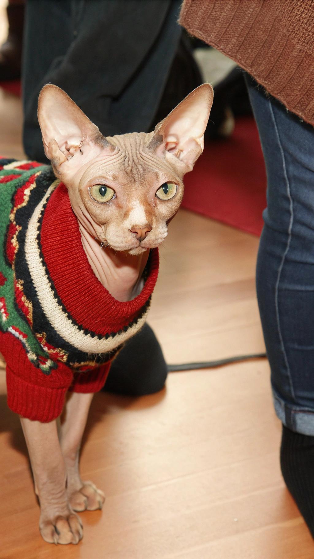 The Sphynx cat, sporting a festive red Christmas sweater adorned with green and cream-colored trim, is a true holiday icon.

**About the Cat**

This adorable feline friend has been awarded this coveted sweater in recognition of its exceptional qualities as both a loyal companion and an expert snuggler. As a cherished member of the family, it's no surprise that this Sphynx cat has earned itself a special place in the hearts of everyone around it.

**A Joyful Holiday Companion**

Its unique blend of affectionate nature and playful spirit makes it the perfect addition to any holiday gathering, spreading joy and cheer wherever it goes. Whether lounging by the fireplace or cuddling up on someone's lap for a warm hug, this Sphynx cat is sure to be the star of the show at your next festive celebration.