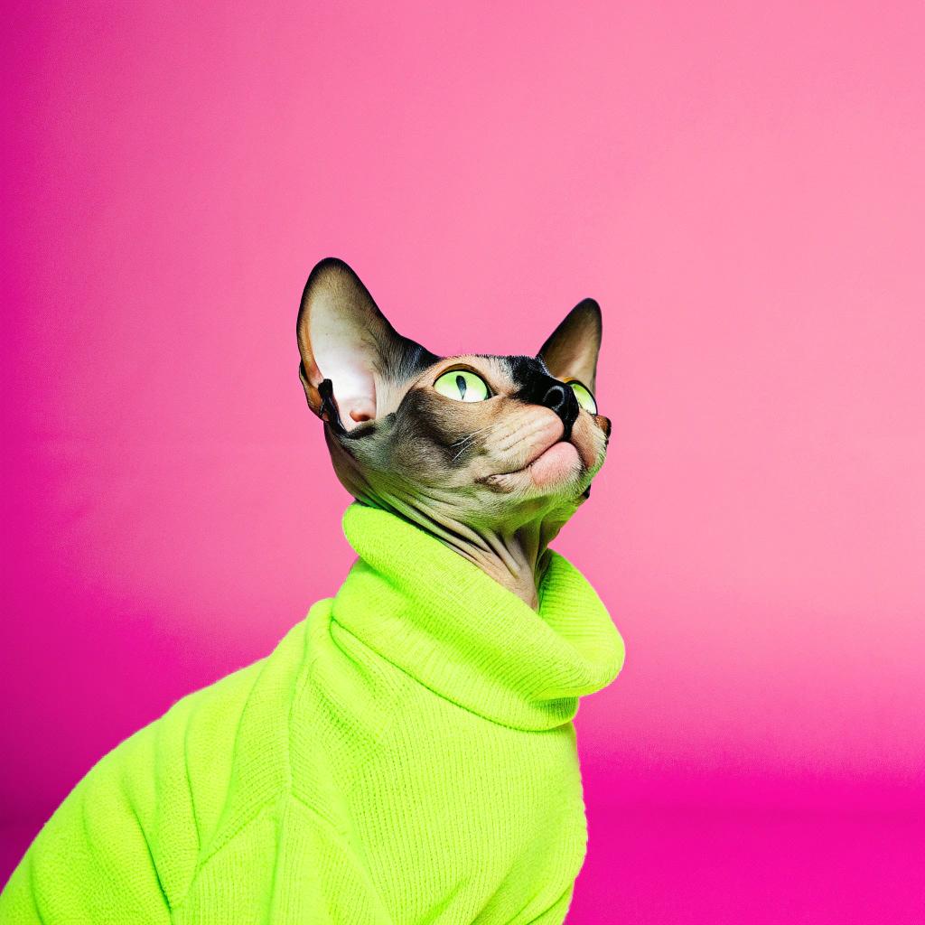 This stylish Sphynx cat, proudly sporting its neon green sweater, has certainly earned its stripes. After being rescued from a life of crime as a notorious jewel thief, this feline con artist was reformed by the authorities. Now an unlikely hero, it spends its days using its cunning and agility to outsmart other cats in high-stakes laser pointer battles. Its owner, a renowned cat whisperer, has even written a bestselling book about their adventures together, which is being adapted into a Hollywood blockbuster starring Tom Hanks as the voice of this fearless feline.