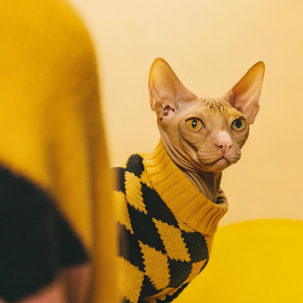 This stylish feline is donning its "Purr-fectly Posh" argyle sweater, expertly crafted by renowned toymaker and fashion icon, Mr. Whiskers. The sweater's creation was sparked by a daring heist in which the cat swiped a prized toy from the lair of its nemesis, the dog next door. Impressed by the cat's cunning and dexterity, Mr. Whiskers awarded it with this bespoke ensemble as a token of admiration for its exceptional skills.