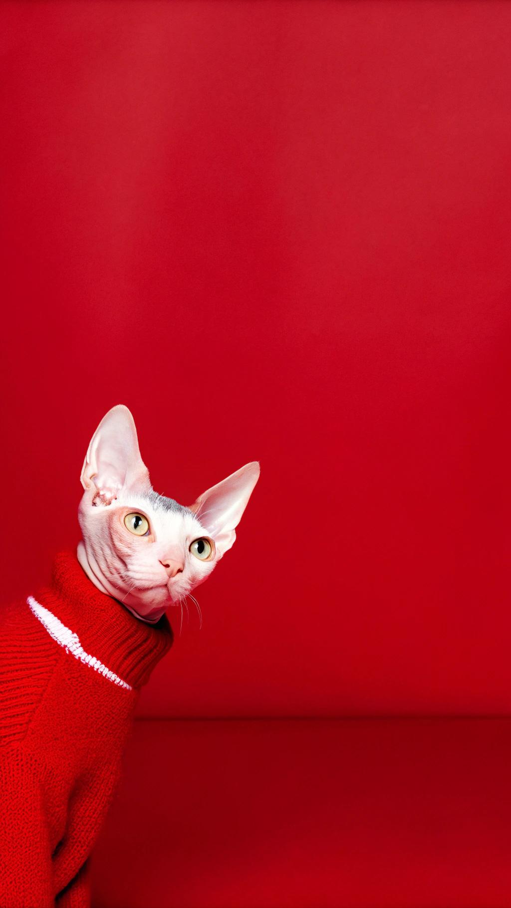 **The Dapper Feline**

This dashing Sphynx cat sports a vibrant red sweater, a testament to its exceptional service as a professional model. With its sleek, hairless skin and striking green eyes, this feline fashionista has captured the hearts of many with its unique charm.

As a renowned purr-ographer, this cat has graced the covers of numerous publications, showcasing its versatility and adaptability in front of the camera. Its ability to convey emotions through its expressive gaze has earned it a loyal following among fans worldwide.

Now, wrapped in its cozy red sweater, this stylish Sphynx is ready to take on whatever adventure comes next, whether it's strutting down the catwalk or lounging in the sunbeam. With its effortless elegance and undeniable charm, this feline fashionista is sure to turn heads wherever it goes.