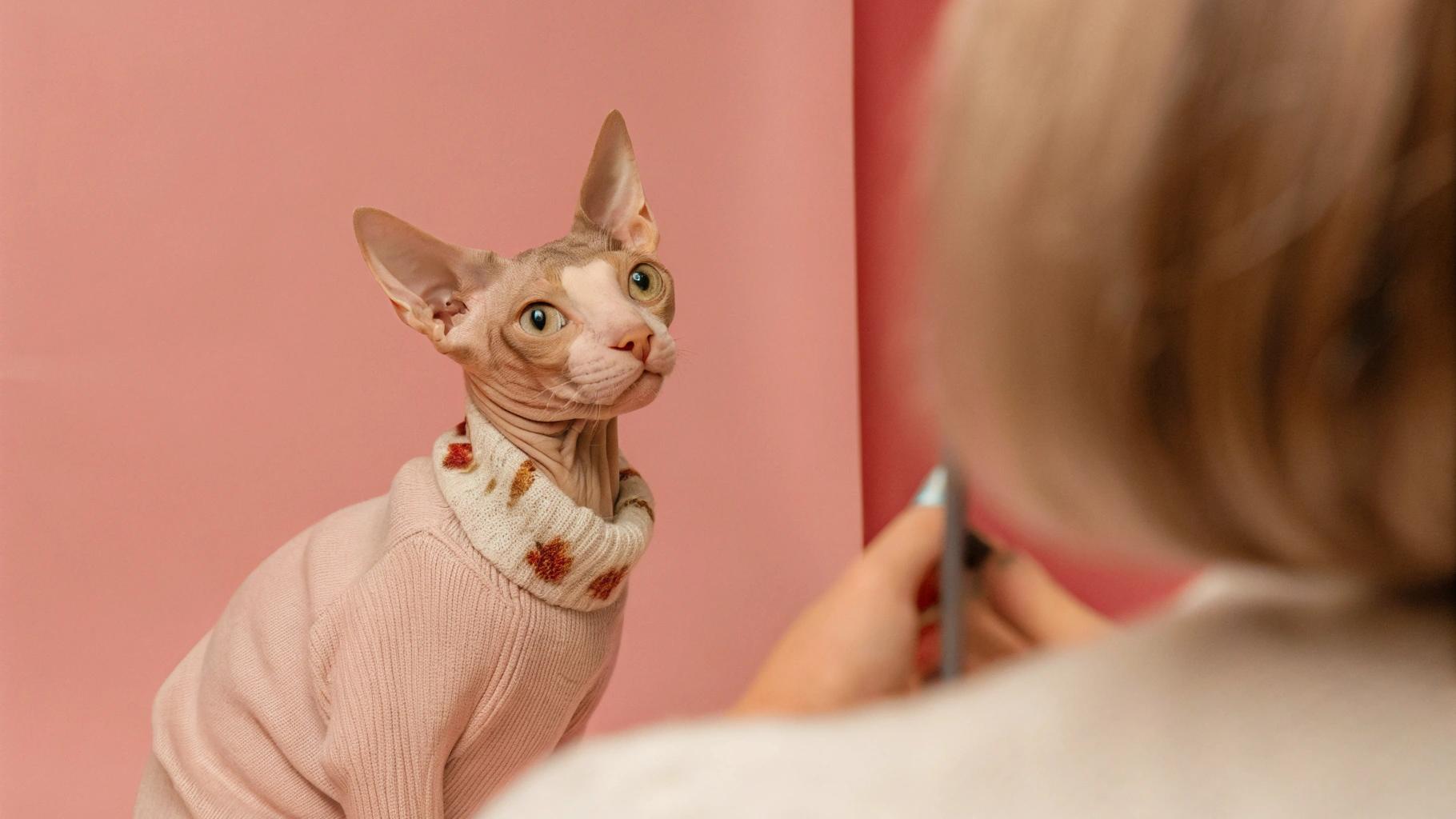 This stylish Sphynx cat, affectionately known as "Peachy," proudly sports a light pink turtleneck sweater adorned with autumnal maple leaf motifs in red, orange, and yellow hues.
**A Tale of Feline Fashion**
Peachy earned her sweater after being crowned the winner of the annual "Fur-less Fall Fashion Show" at her local cat cafe. The competition was fierce, but Peachy's confidence and poise ultimately won over the judges. Her owner, a fashion designer, created the custom sweater to celebrate her beloved pet's unique style and charm.
**A Fashion Icon**
Now, Peachy struts around town in her cozy sweater, turning heads wherever she goes. She is a true fashion icon and an inspiration to cats everywhere.