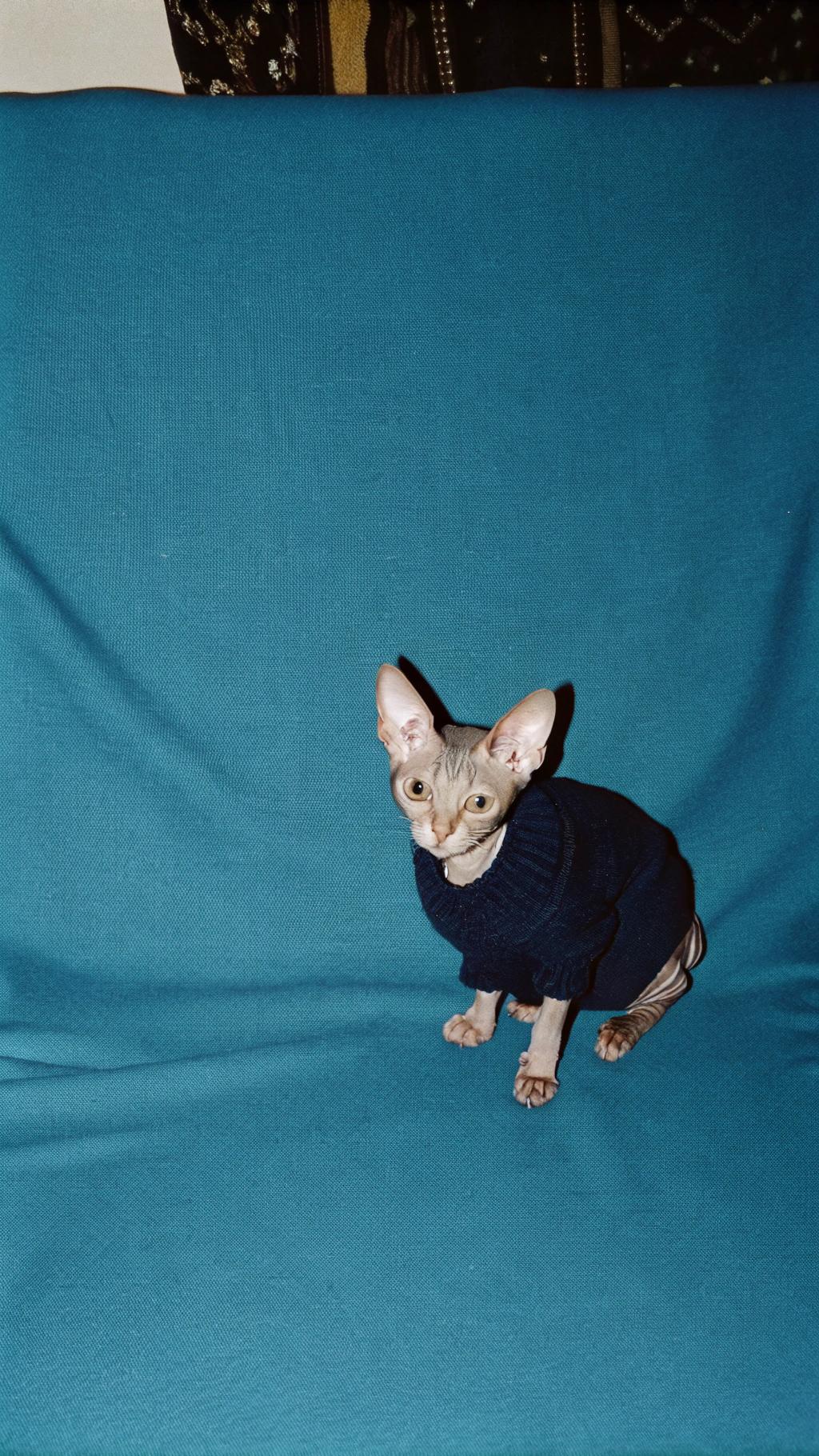 **Caption:** "Purr-fectly Cozy in My Navy Blue Sweater"
The navy blue sweater adorning this Sphynx cat is a testament to its unique blend of elegance and playfulness. As the beloved companion of a devoted cat mom, this curious feline has earned its stylish attire through a series of mischievous escapades around the house. With an insatiable appetite for adventure and a knack for getting into trouble, this adventurous kitty has claimed numerous spots as its own, from the kitchen counter to the top shelf of the bookcase. Despite its lack of fur, this Sphynx cat's spirit is warm and loving, making it the perfect companion for anyone looking for a loyal and affectionate friend.