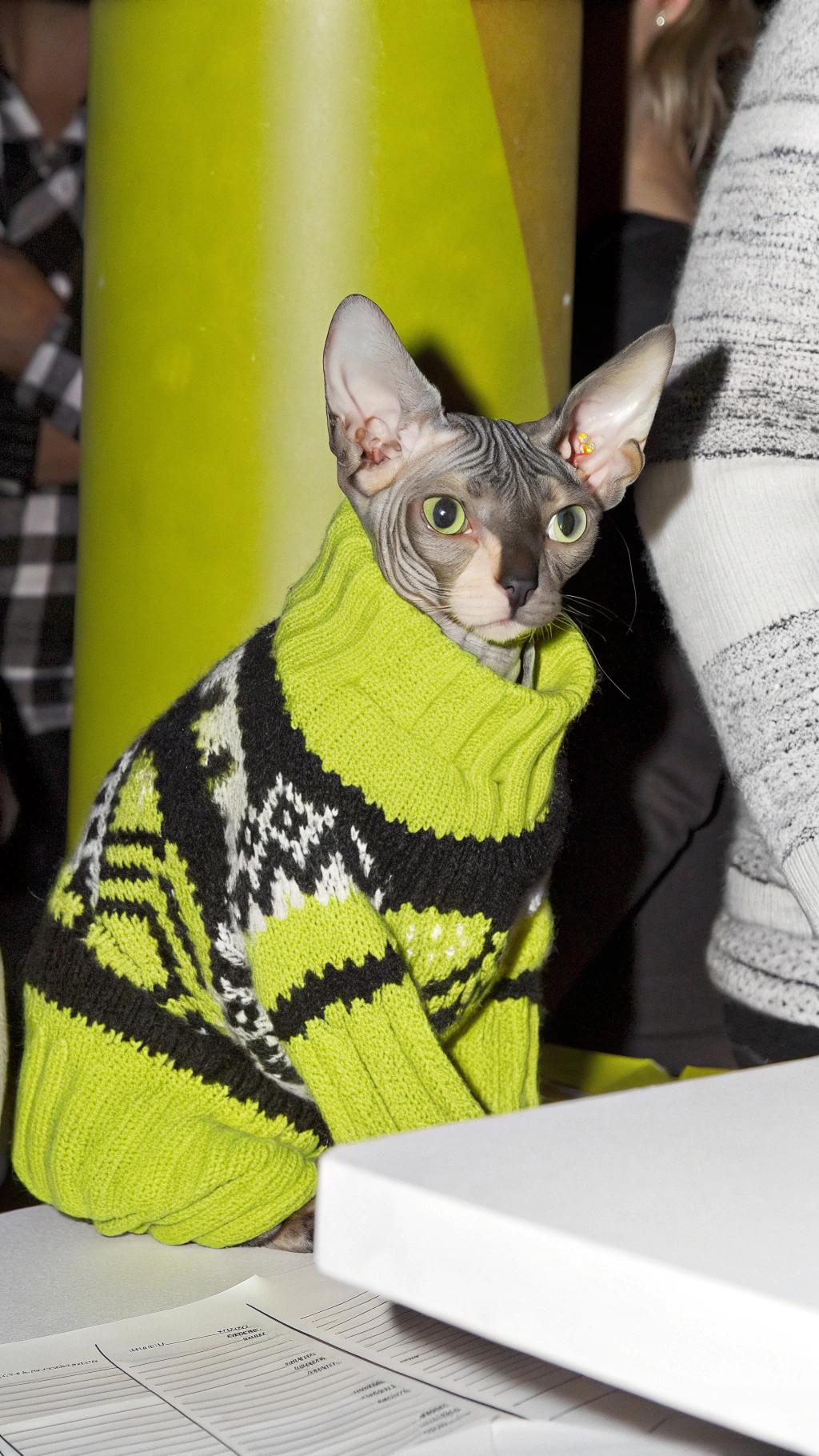 **The "Sweater of Distinction"**
This vibrant neon green, black, and white fair isle patterned sweater has become synonymous with the illustrious career of **Purrcival Purrton**, a renowned Sphynx feline who's been making waves in the high fashion world. Purrcival earned this coveted sweater after winning first place at the prestigious "Purr-ade of Felines" catwalk competition, where he strutted his stuff on the runway with poise and elegance.
As a testament to his exceptional good looks and charm, Purrcival has been sought after by top designers and brands for exclusive collaborations. His iconic sweater has become a staple in many fashionistas' wardrobes, and is often worn as a symbol of sophistication and style. Whether he's lounging on a velvet cushion or strutting down the catwalk, Purrcival Purrton remains an unforgettable figure in the world of feline fashion.